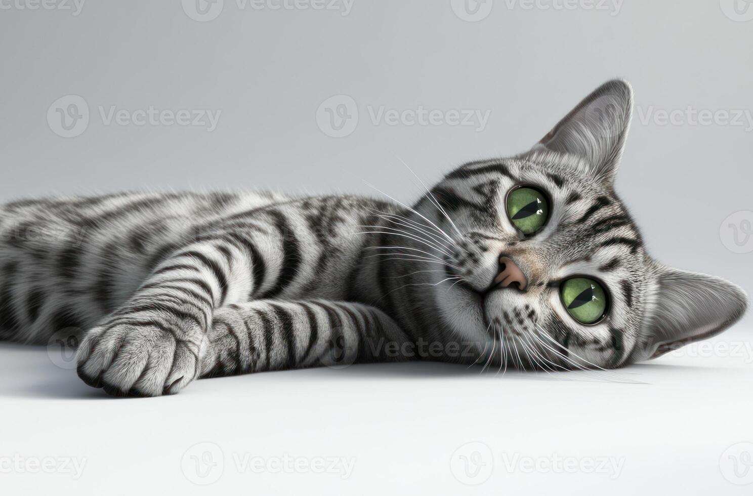A silver tabby cat lies down looking up photo