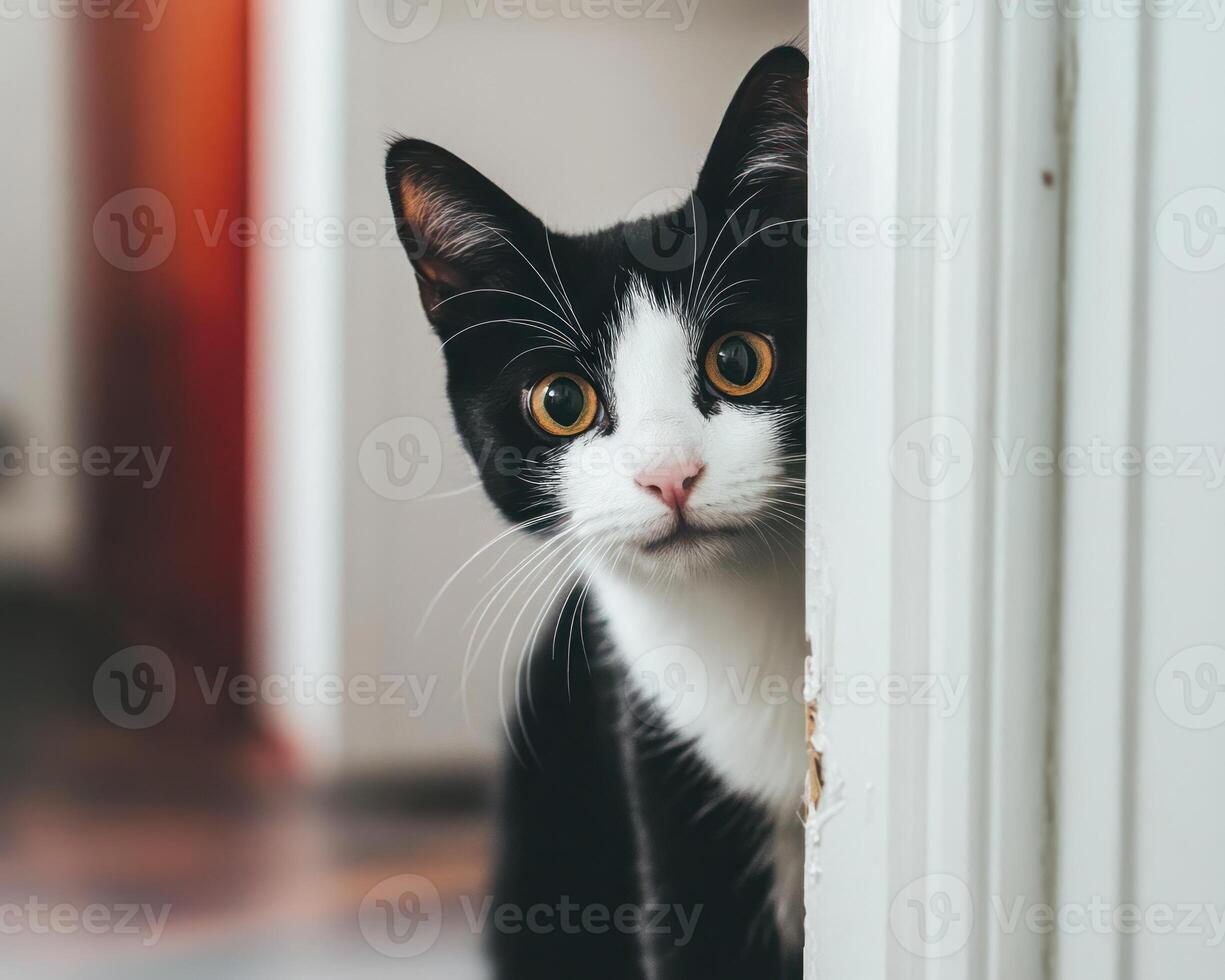 A Curious Black And White Kitten Peeking From Behind A Door photo