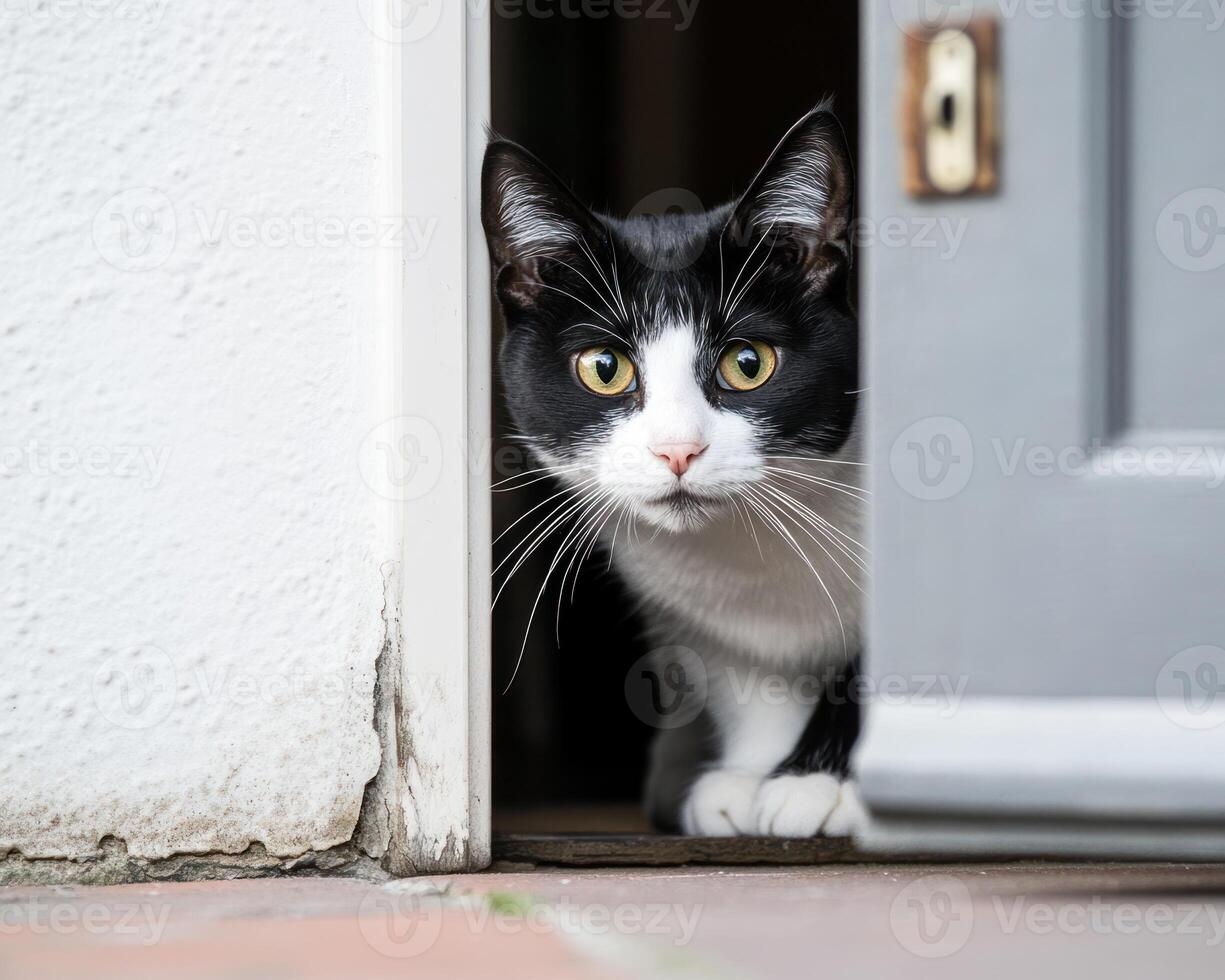 Black and white cat peeking through doorway photo