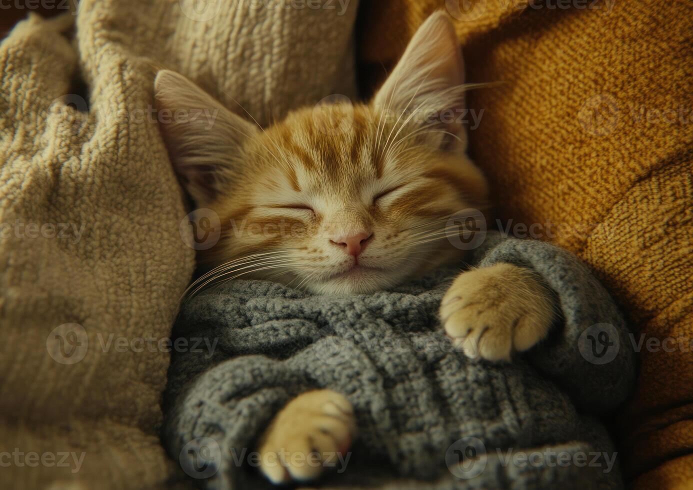 Orange Kitten Sleeping Peacefully In Cozy Sweater photo