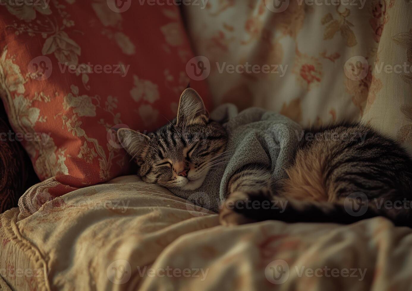 Tabby Cat Napping Peacefully Under Blanket On Couch photo