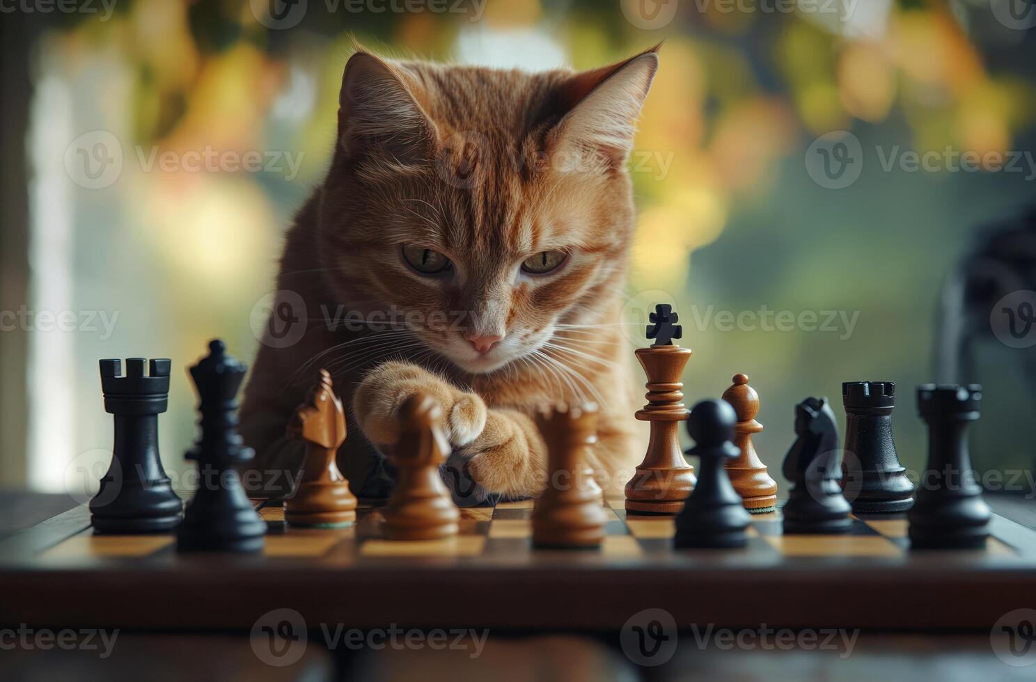 Ginger Cat Playing Chess Game Strategically photo