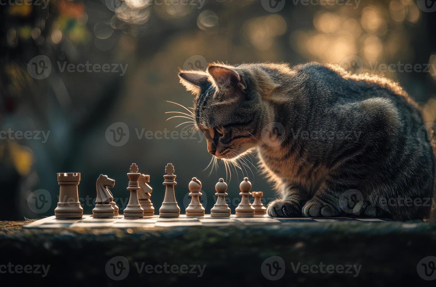 A curious tabby cat observes a chess game photo