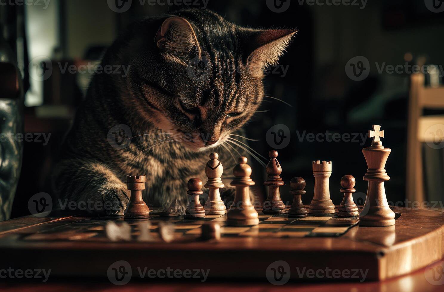Tabby Cat Strategically Observing Chess Game photo