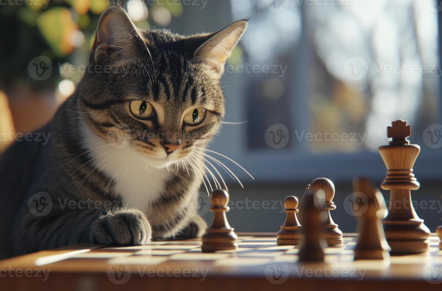 Tabby Cat Observing a Chess Game Carefully photo