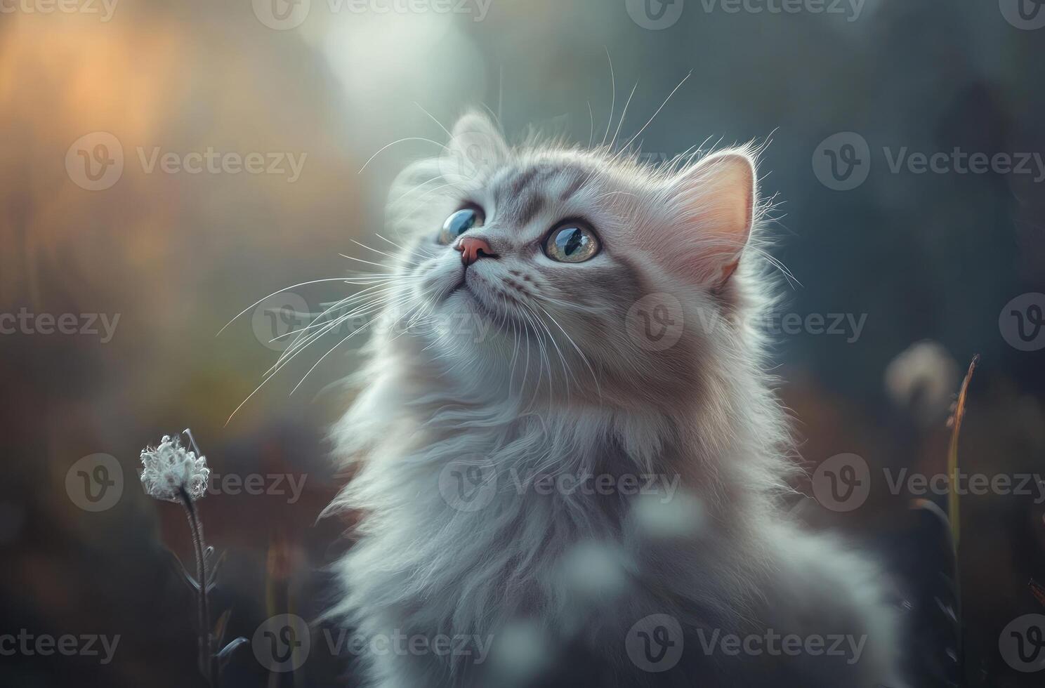 Fluffy Gray Kitten Gazes Upwards In A Field photo
