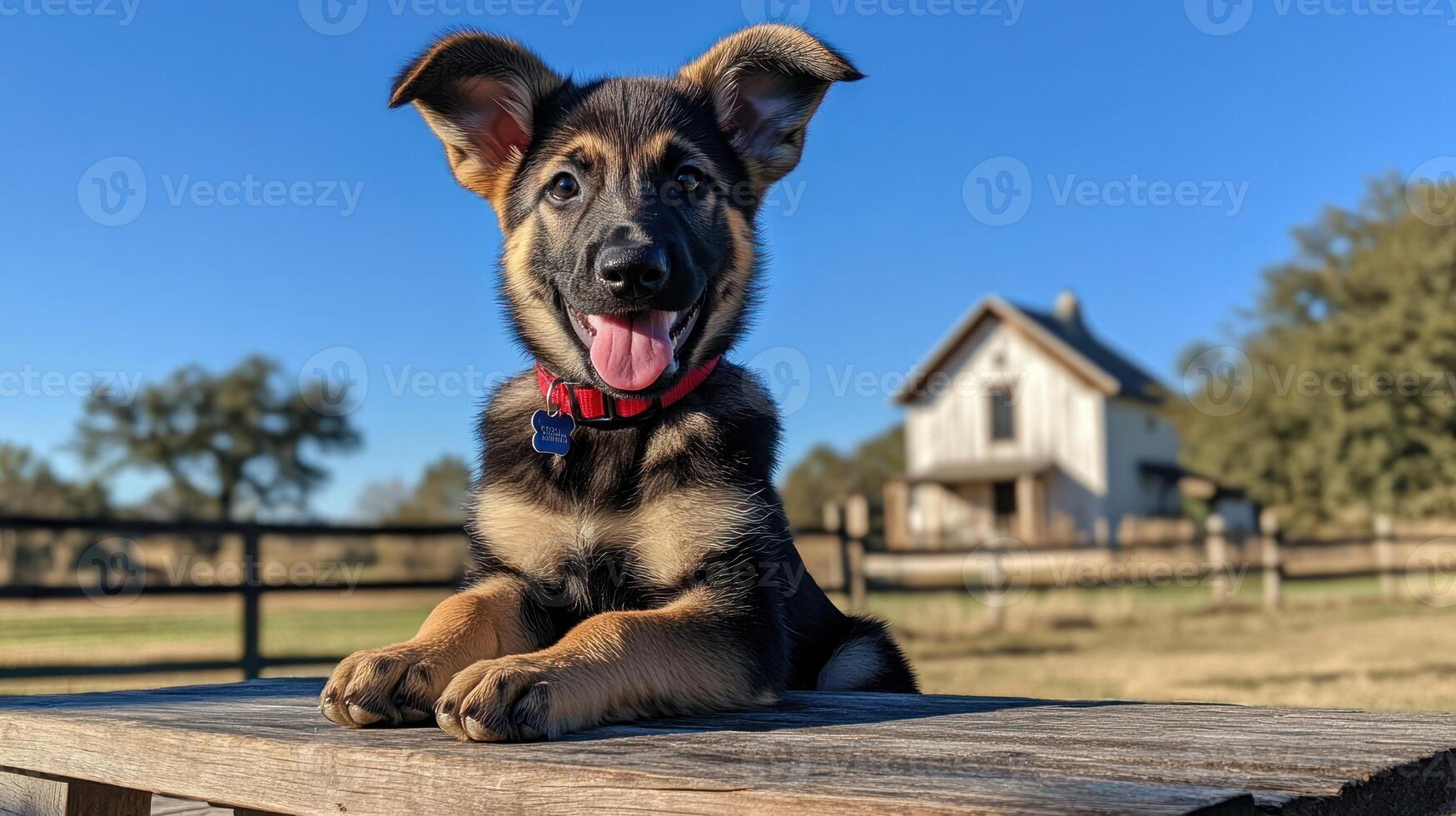 A german shepherd puppy sitting on a wooden bench photo
