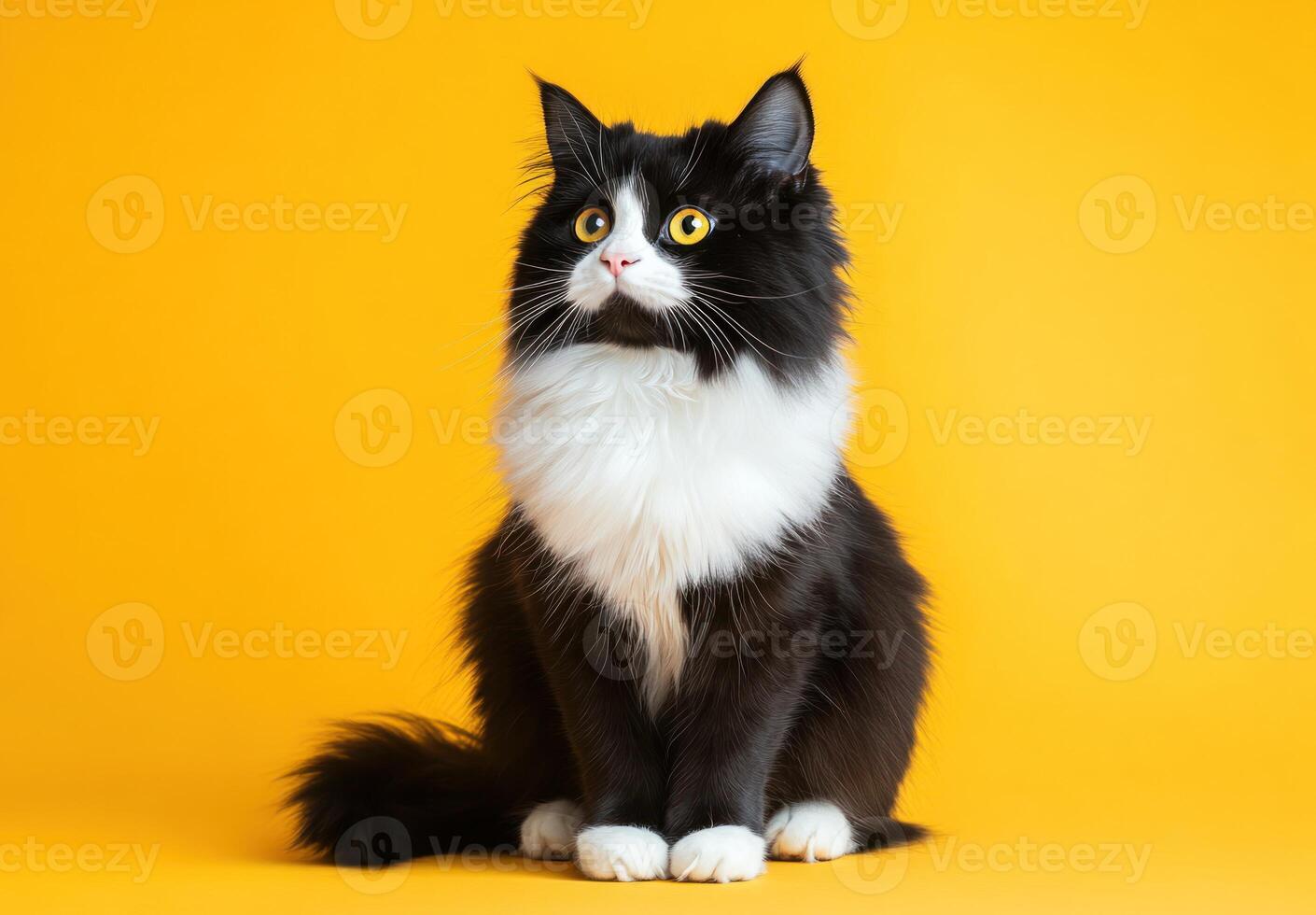 Fluffy tuxedo cat sits against yellow background photo