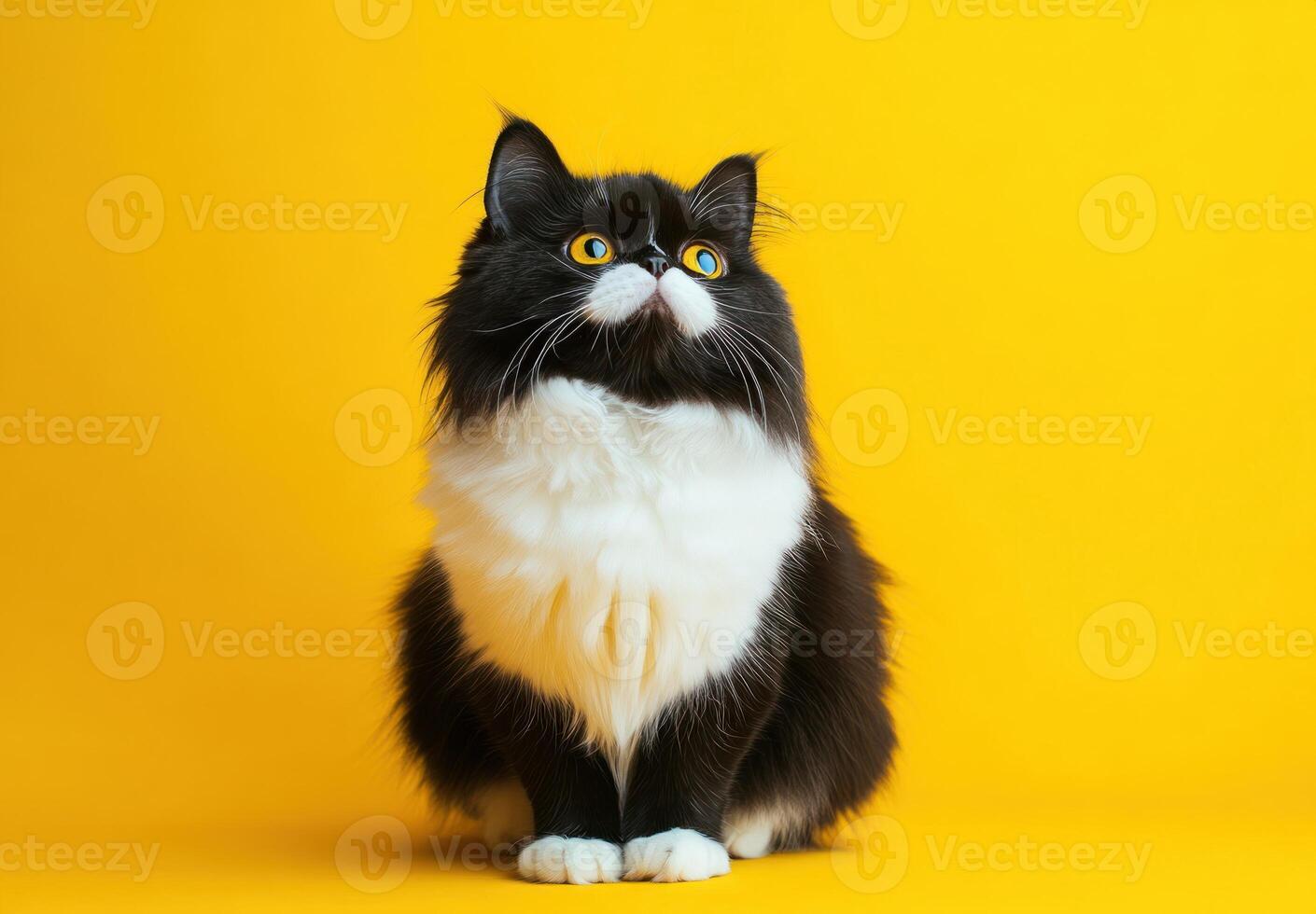 Fluffy Black and White Cat Sitting on Yellow Background photo