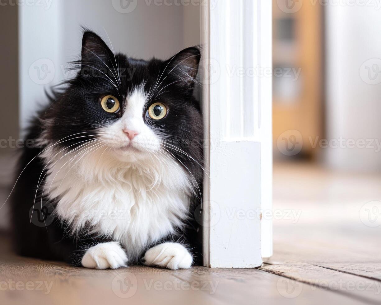 Fluffy Black And White Cat Hiding Behind Furniture photo
