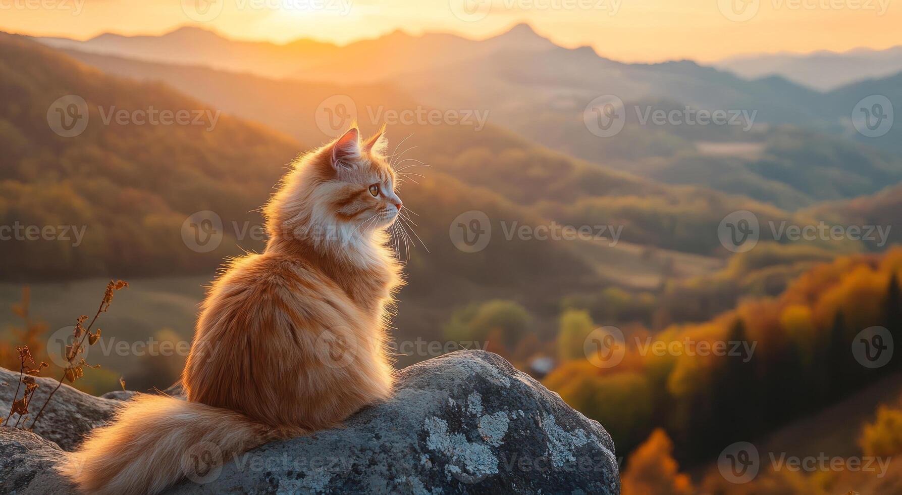 Fluffy Orange Cat Perched on Rock Mountain Sunset photo