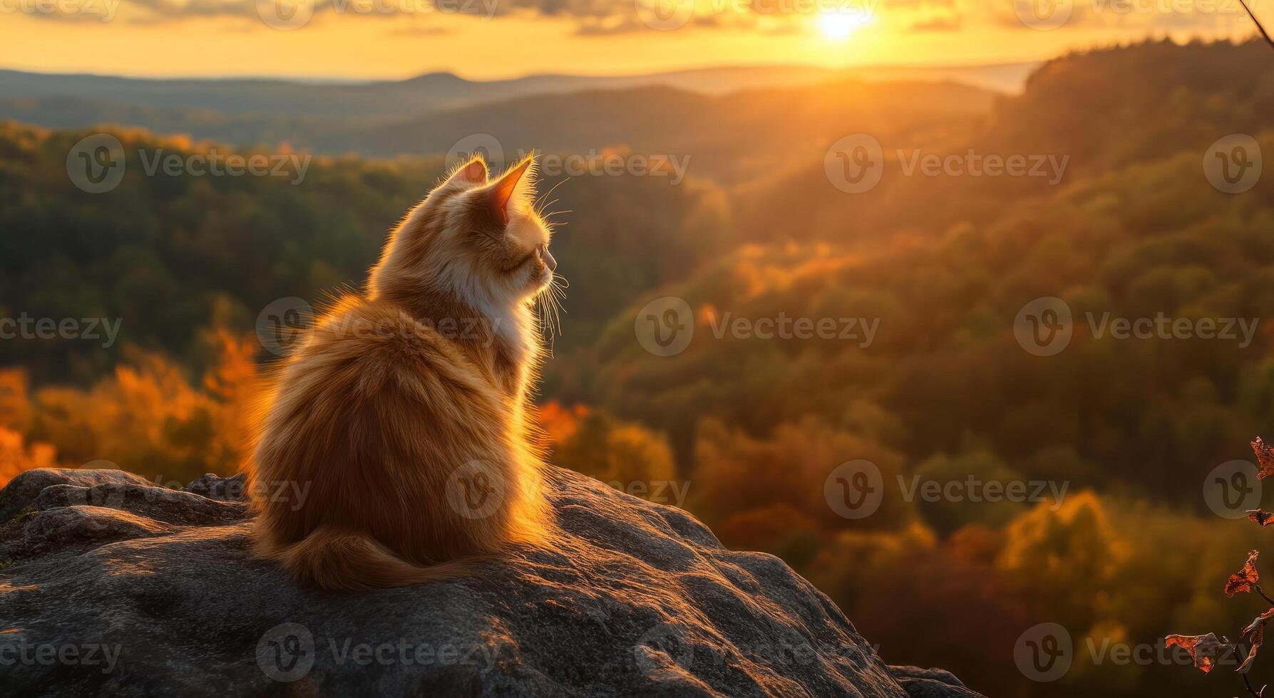 Orange Kitten Watching Sunset Over Autumn Hills photo