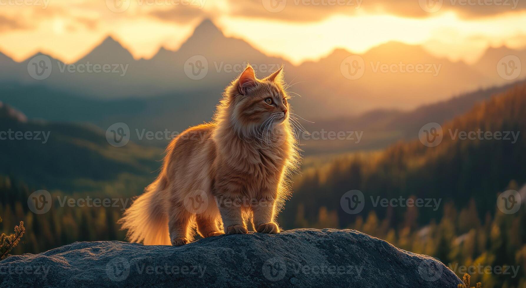 Golden Cat Majestically Stands on Mountain Rock at Sunset photo