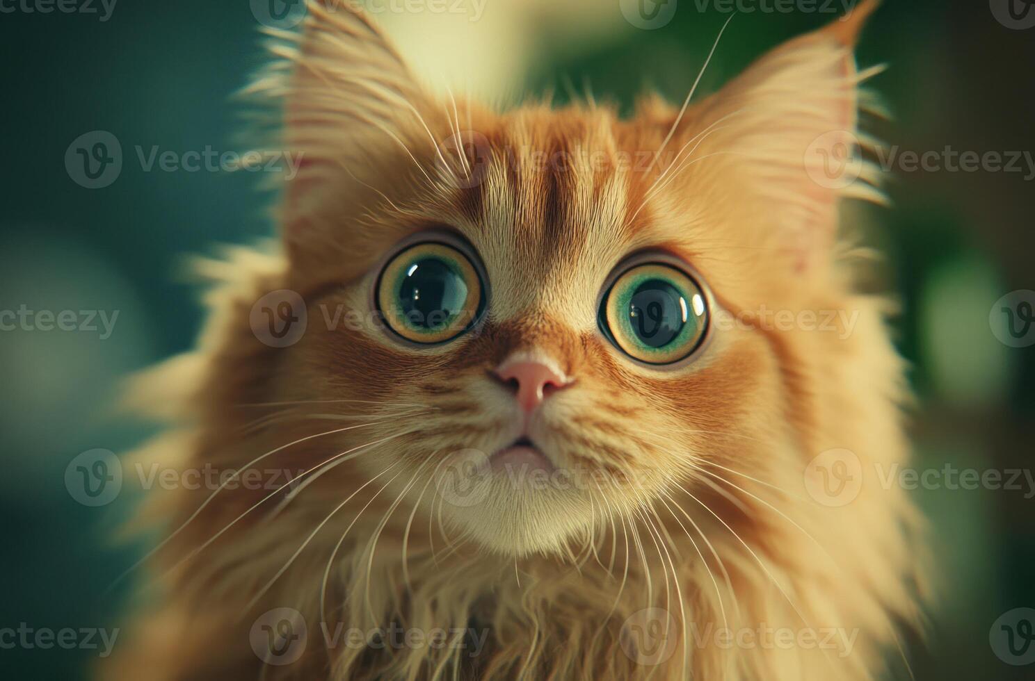 A ginger cat with wide surprised eyes stares ahead photo