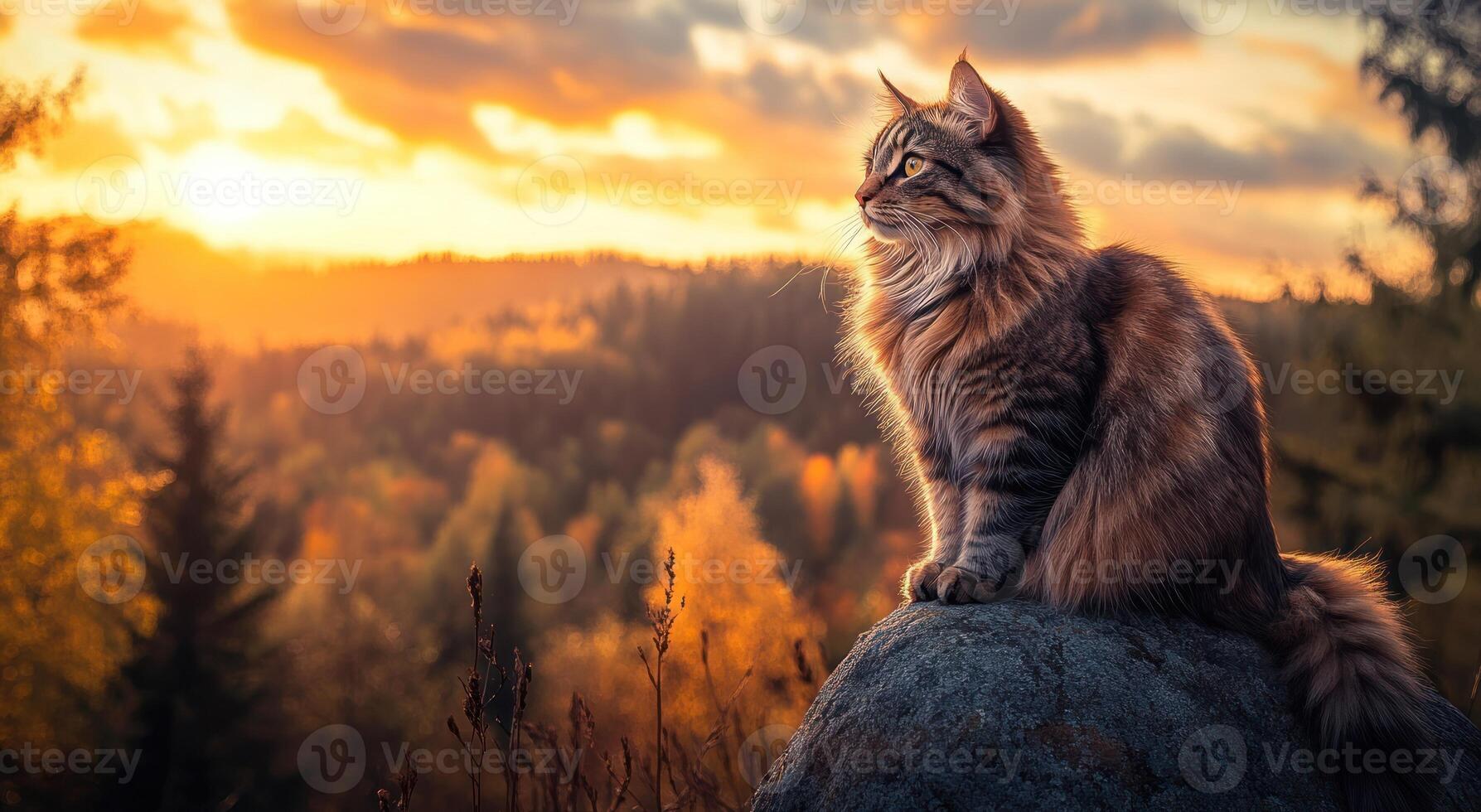 Longhaired Cat Sitting on Rock at Sunset Watching photo