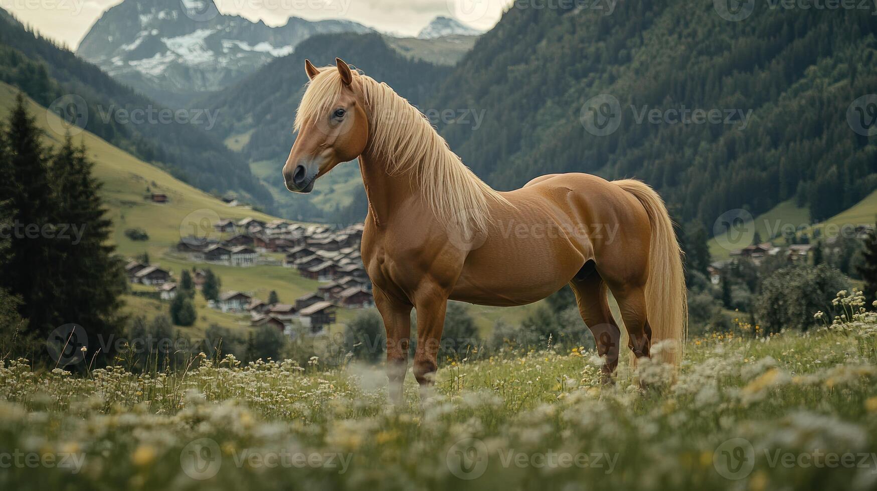Golden Palomino Horse in Alpine Meadow Landscape photo