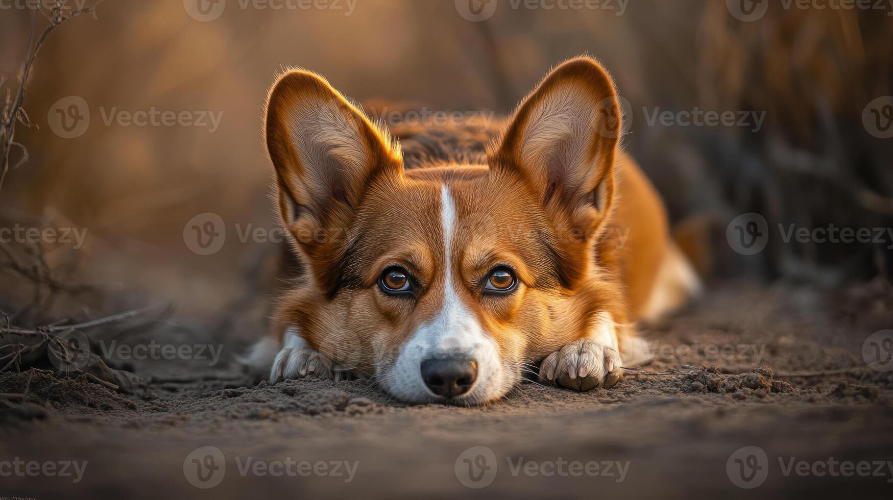 Adorable Welsh Corgi Resting Outdoors In Golden Light photo