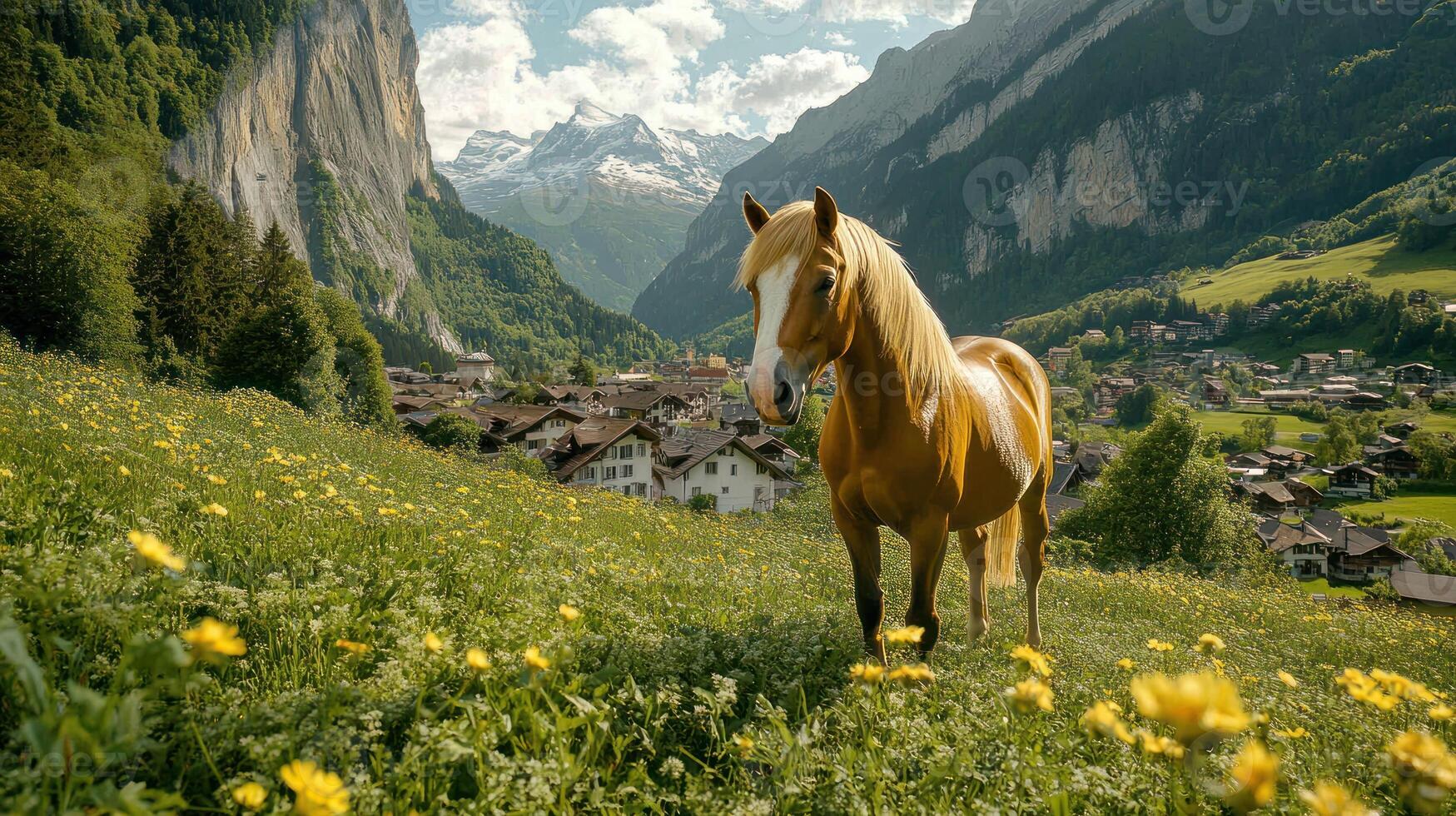 Golden Palomino Horse in Alpine Meadow Village Setting photo