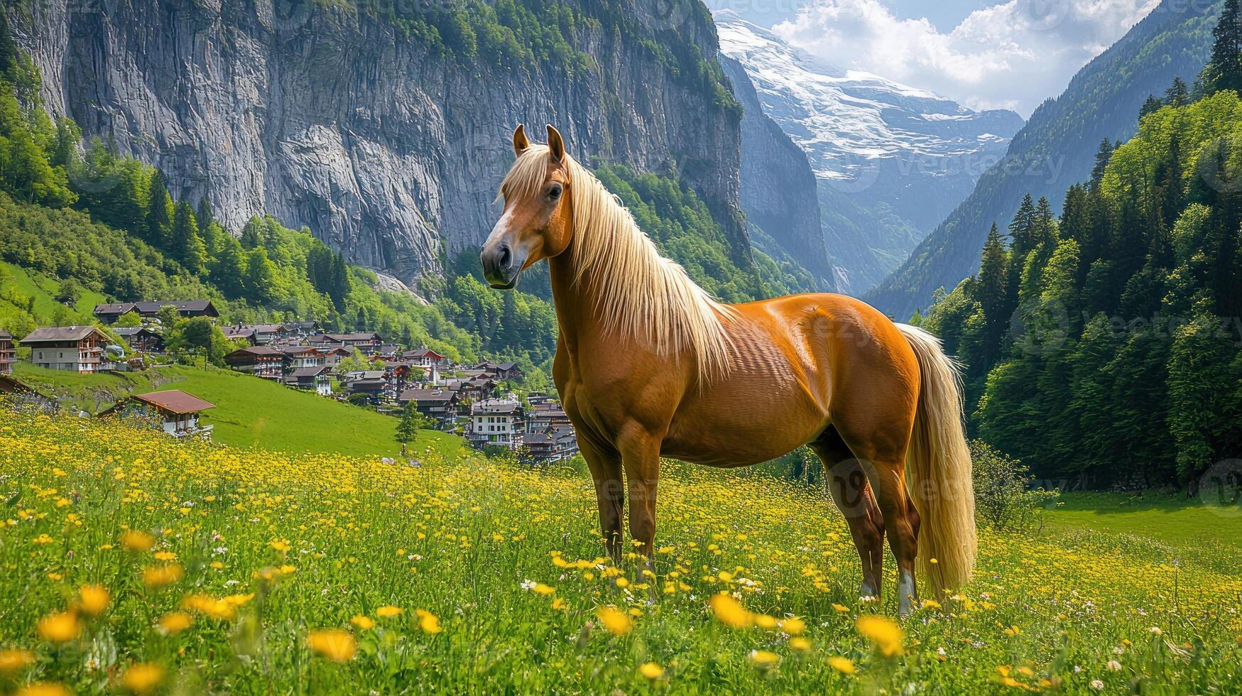 Majestic Palomino Horse in Alpine Meadow Village Setting photo