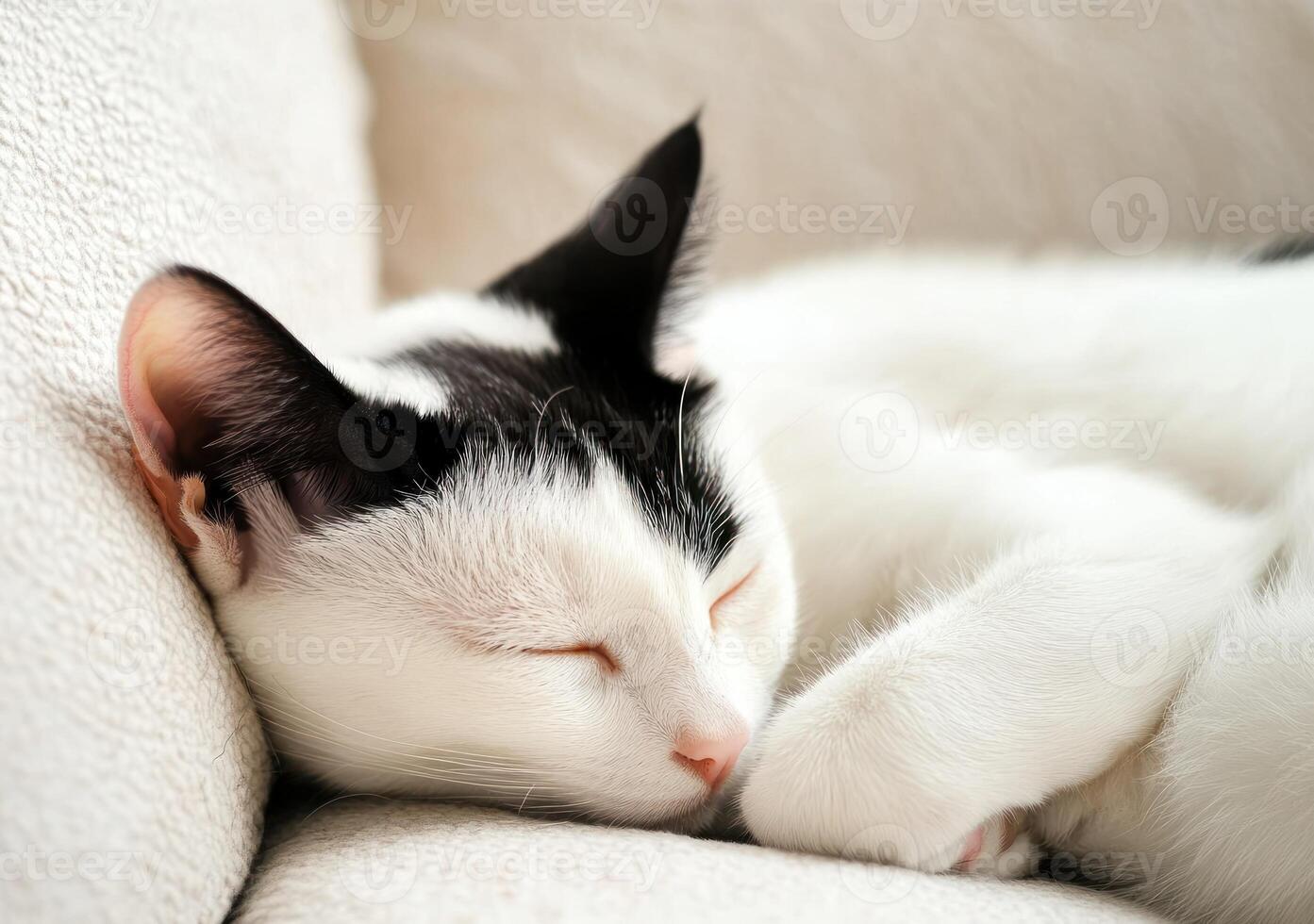 A tuxedo cat peacefully sleeps on a soft beige surface photo