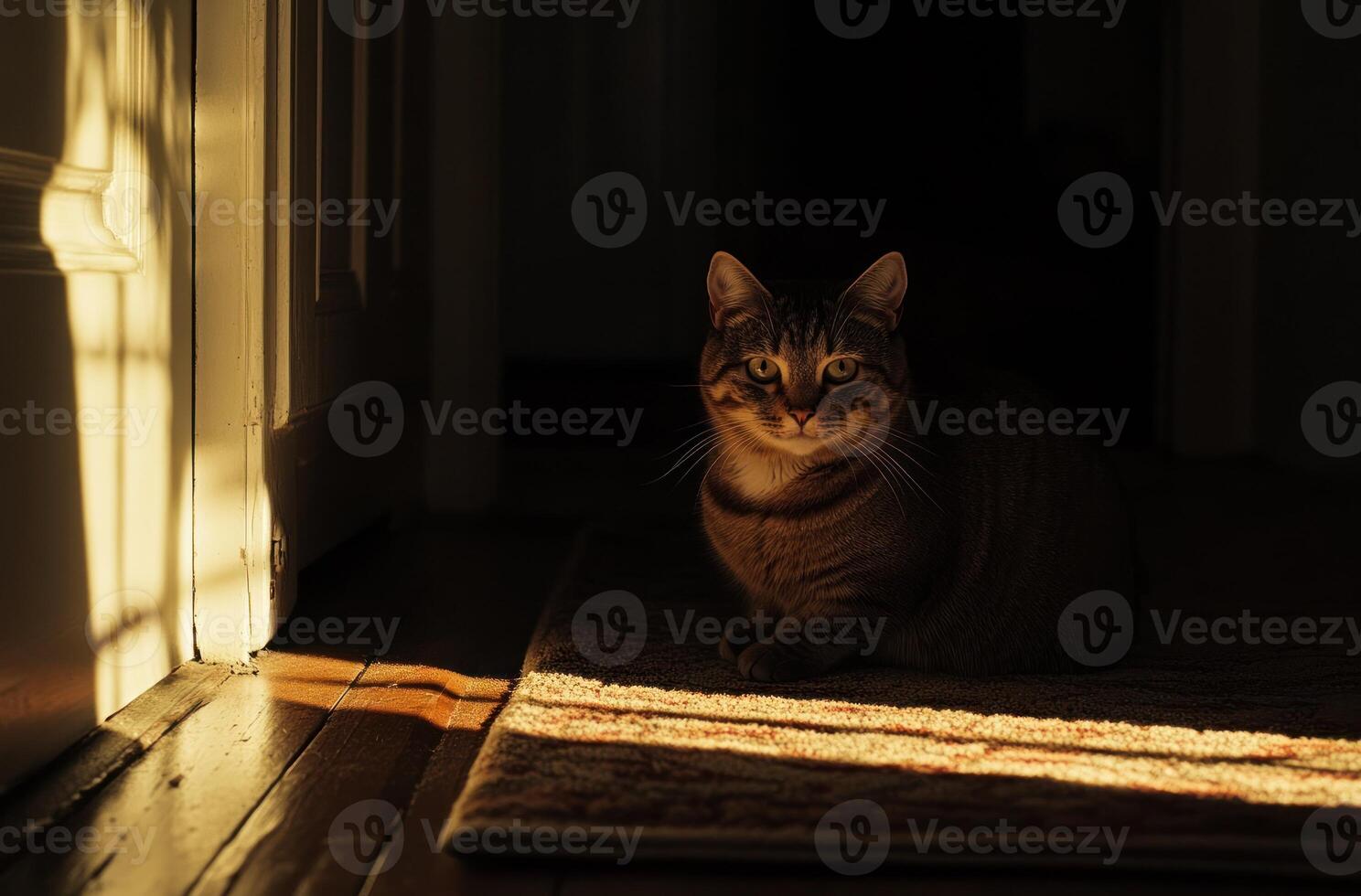 Tabby Cat Sitting In Sunlight Near Doorway photo