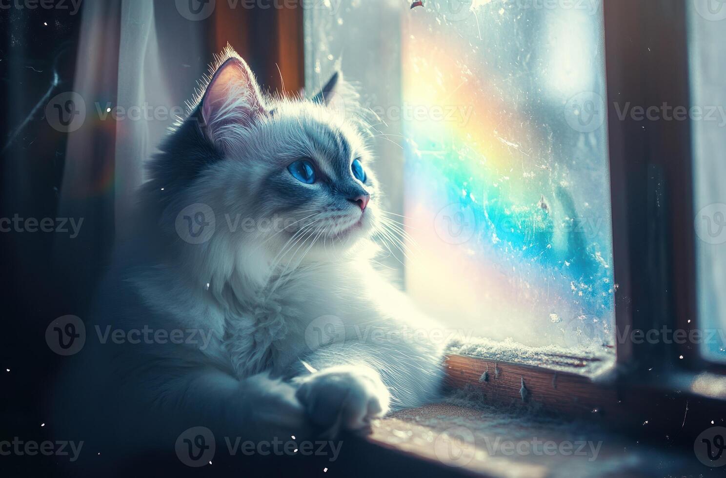 Ragdoll Kitten Gazing Through Dusty Window Rainbow photo