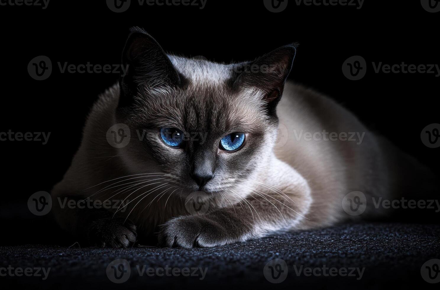 A Siamese cat with striking blue eyes rests calmly photo