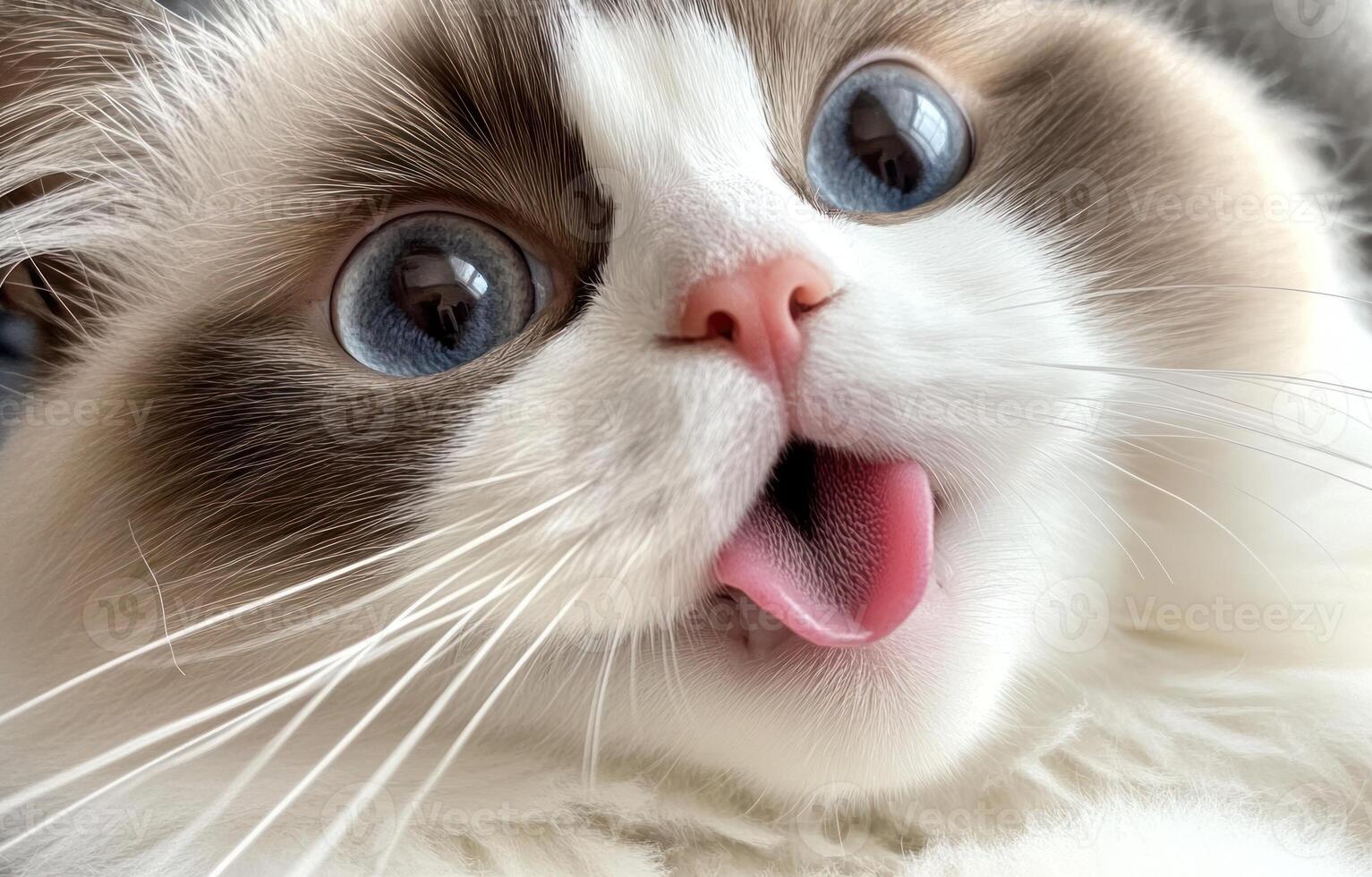 Ragdoll Cat With Big Blue Eyes And Pink Tongue Out photo