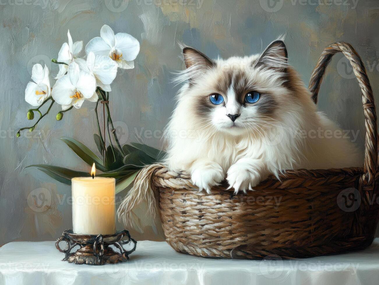 Ragdoll Cat in Basket with Orchids and Candle photo