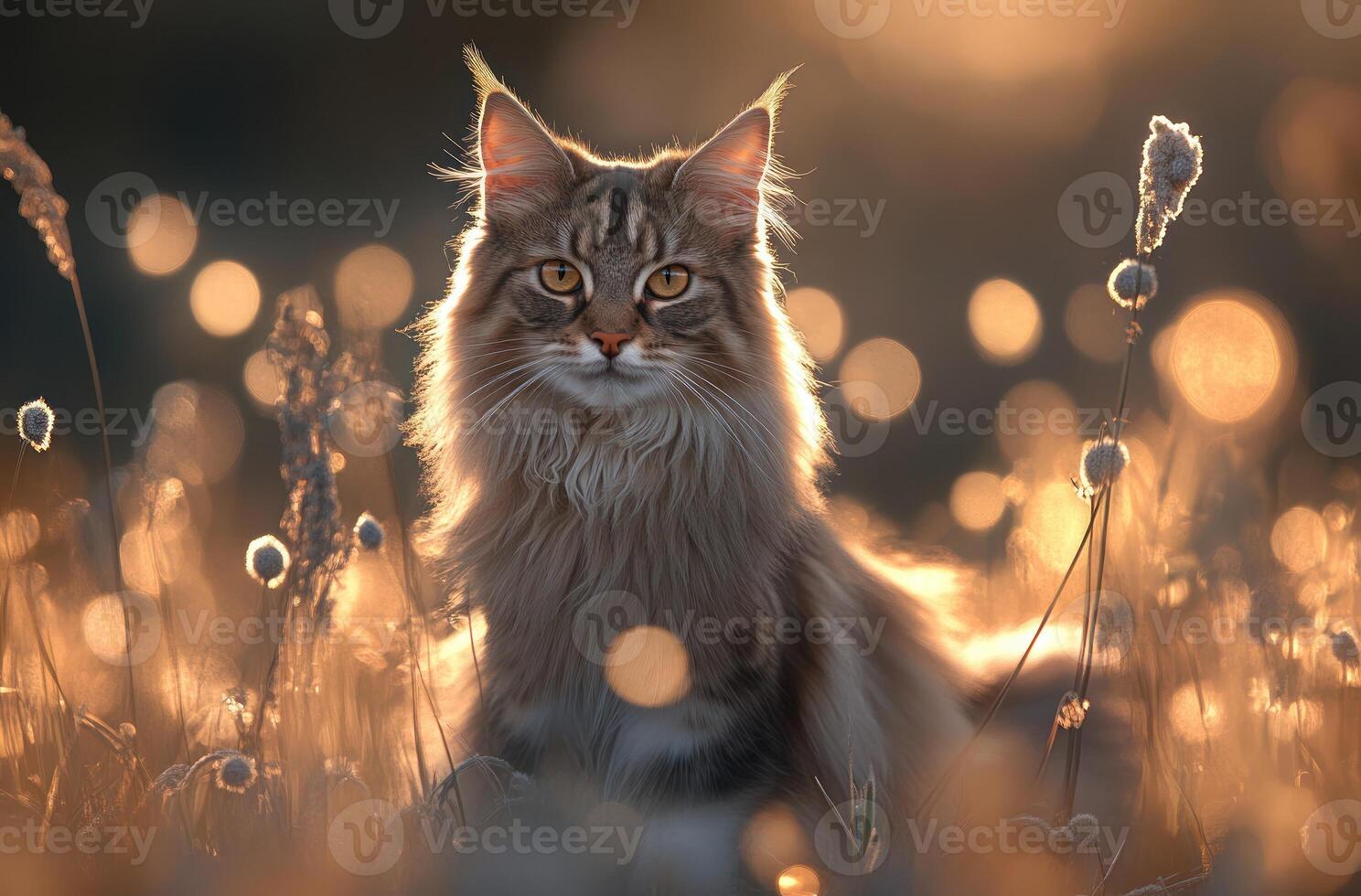 A cat sitting in a field of tall grass photo