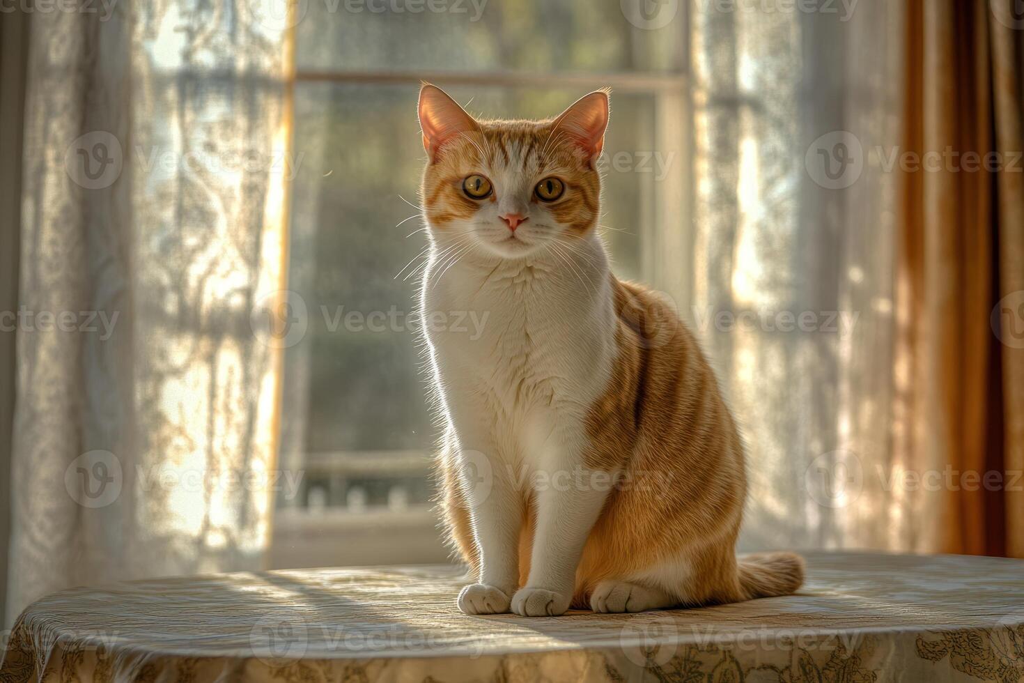 Orange and white cat sits by a sunlit window photo