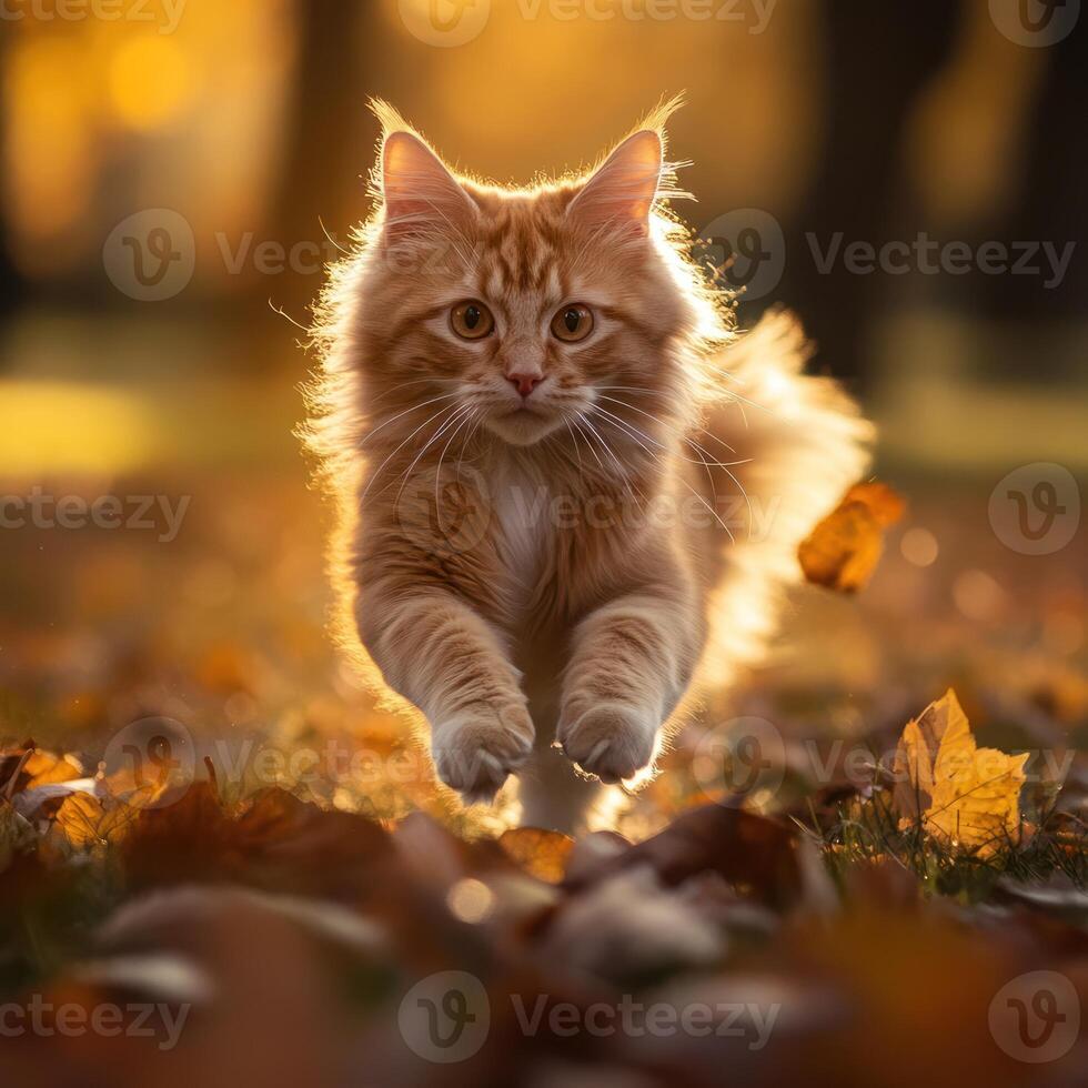 A cat running through the leaves in the sun photo