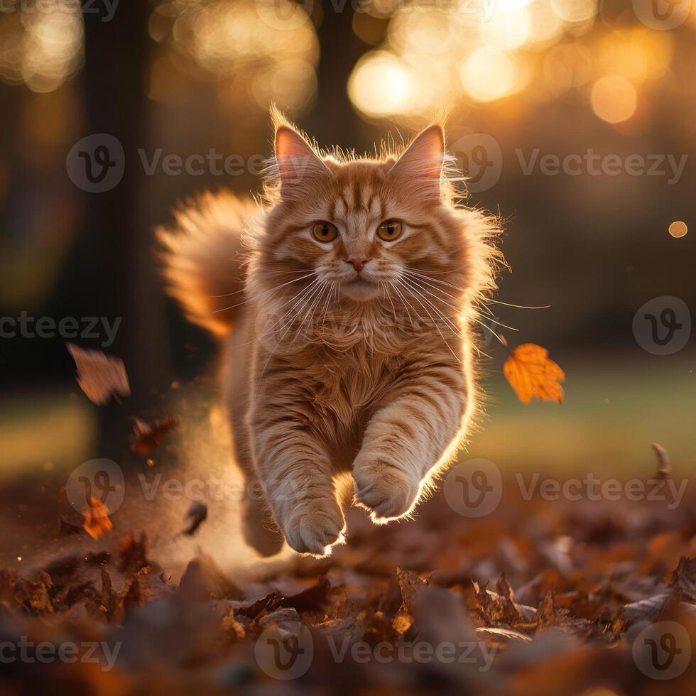 Ginger Cat Leaping Through Autumn Leaves photo