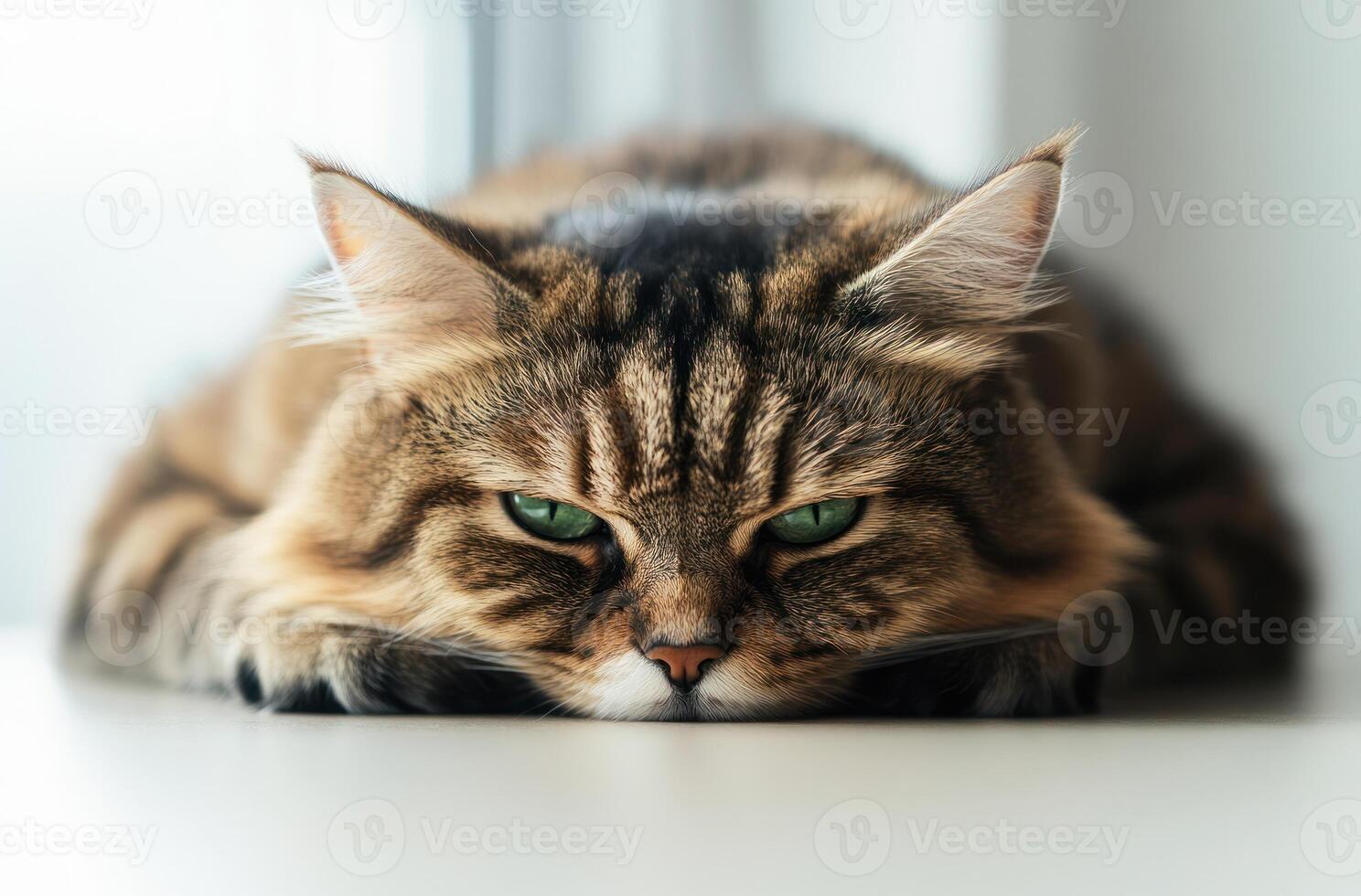 Longhaired tabby cat resting on a surface photo