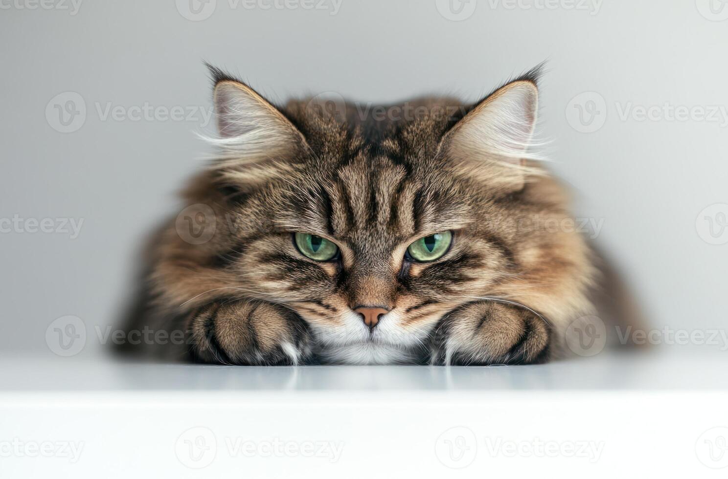 A Longhaired Tabby Cat Rests Its Paws on a Surface photo