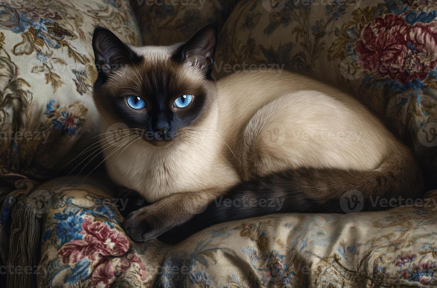 Elegant Siamese Cat Resting on Ornate Upholstery photo