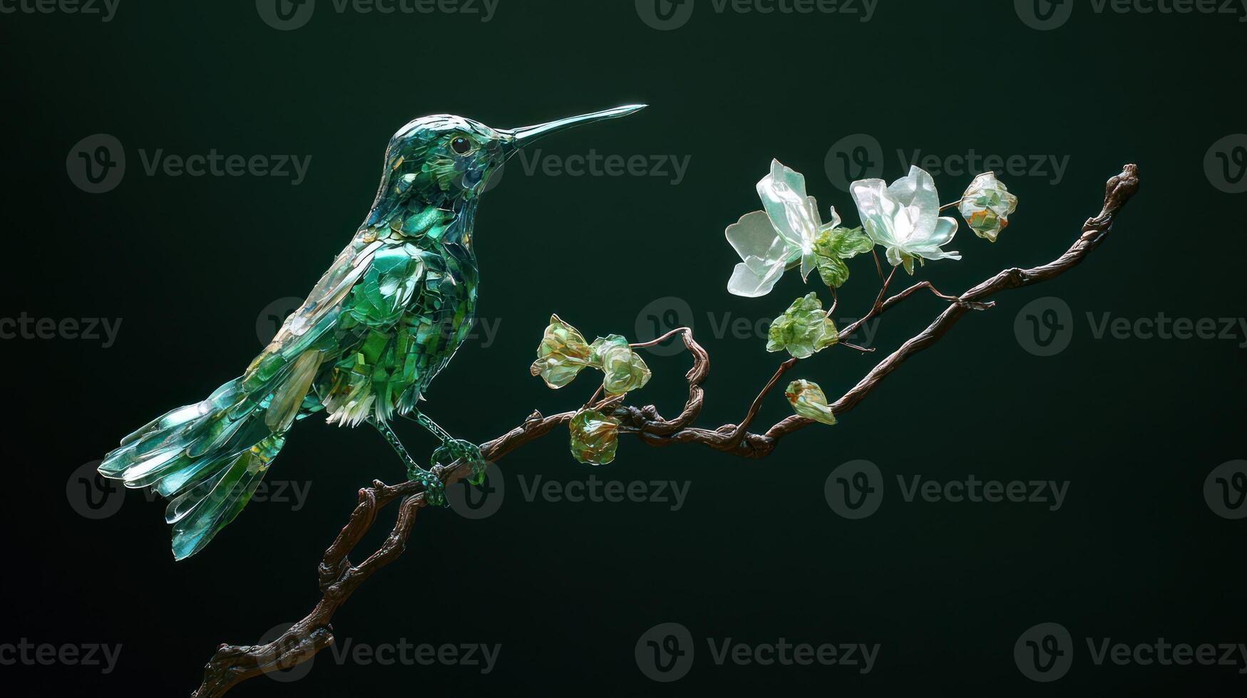 A glass hummingbird perched on a blossoming branch against dark background photo