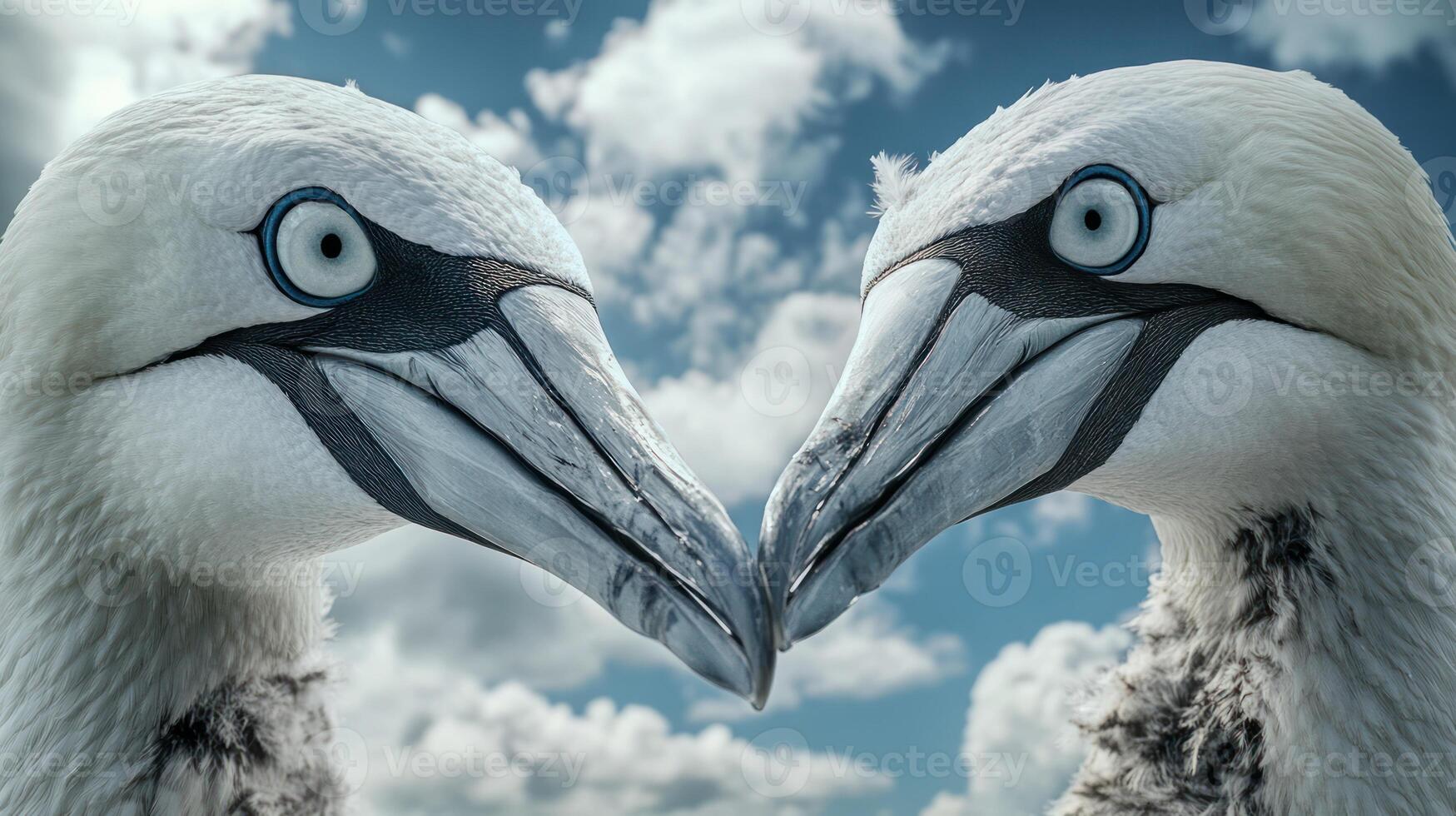Two seabirds face each other with the sky in the background photo