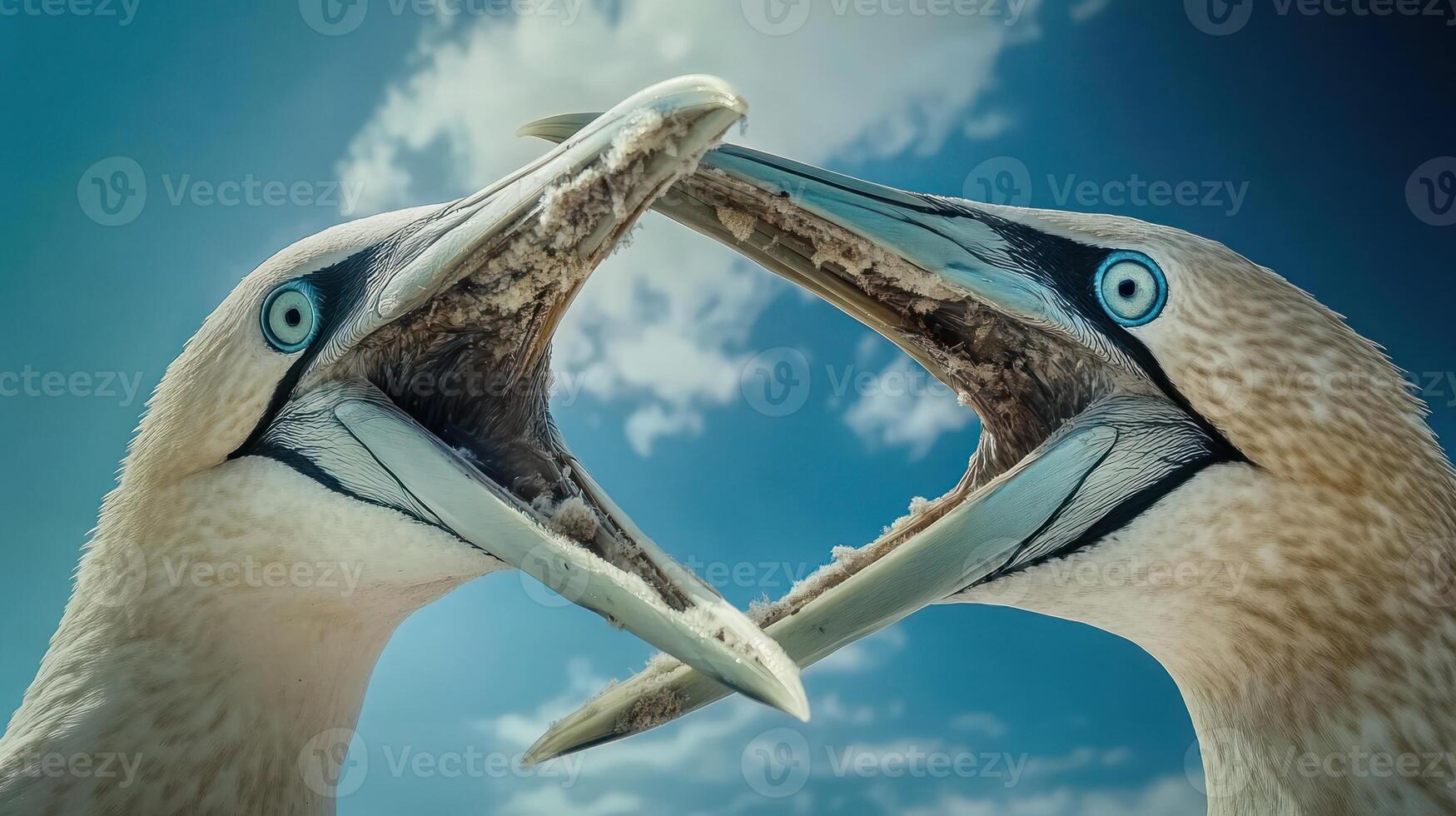 Two birds facing each other with open beaks against a blue sky photo