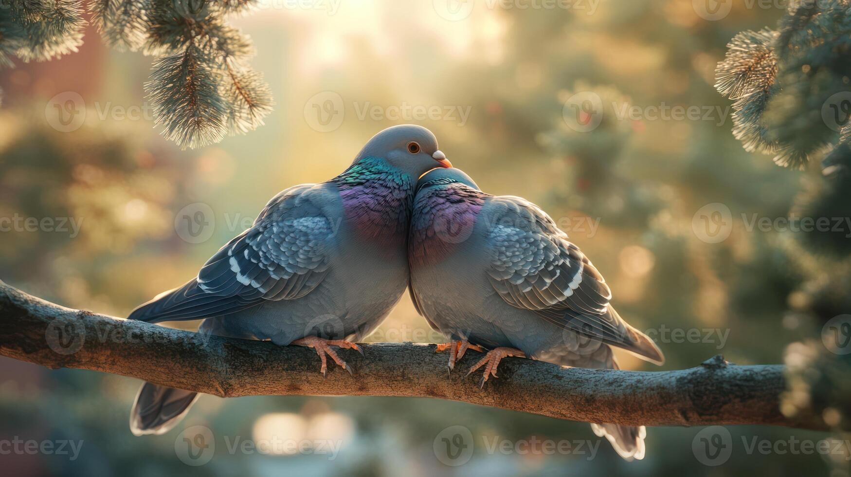 Two pigeons cuddle lovingly while perched on a tree branch together photo