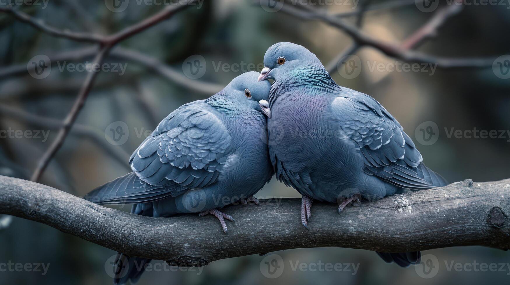 Two pigeons perched closely together on a thick and textured branch photo