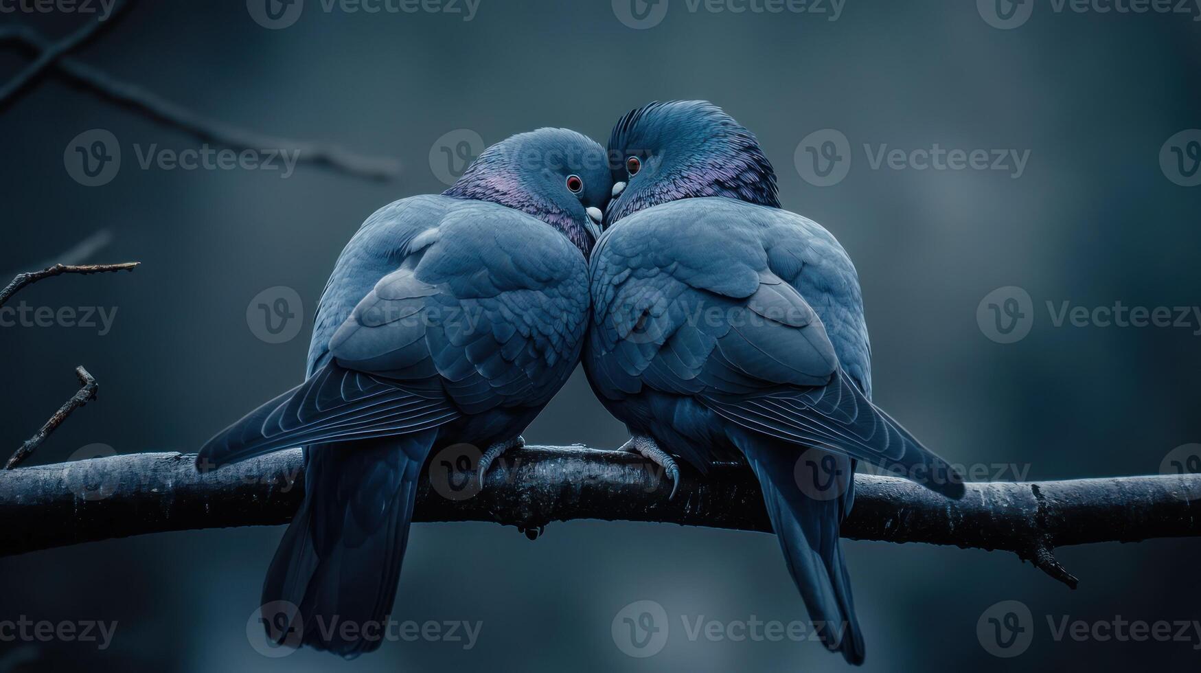 Two Pigeons Cuddled Together Sitting on a Branch Displaying Affection photo
