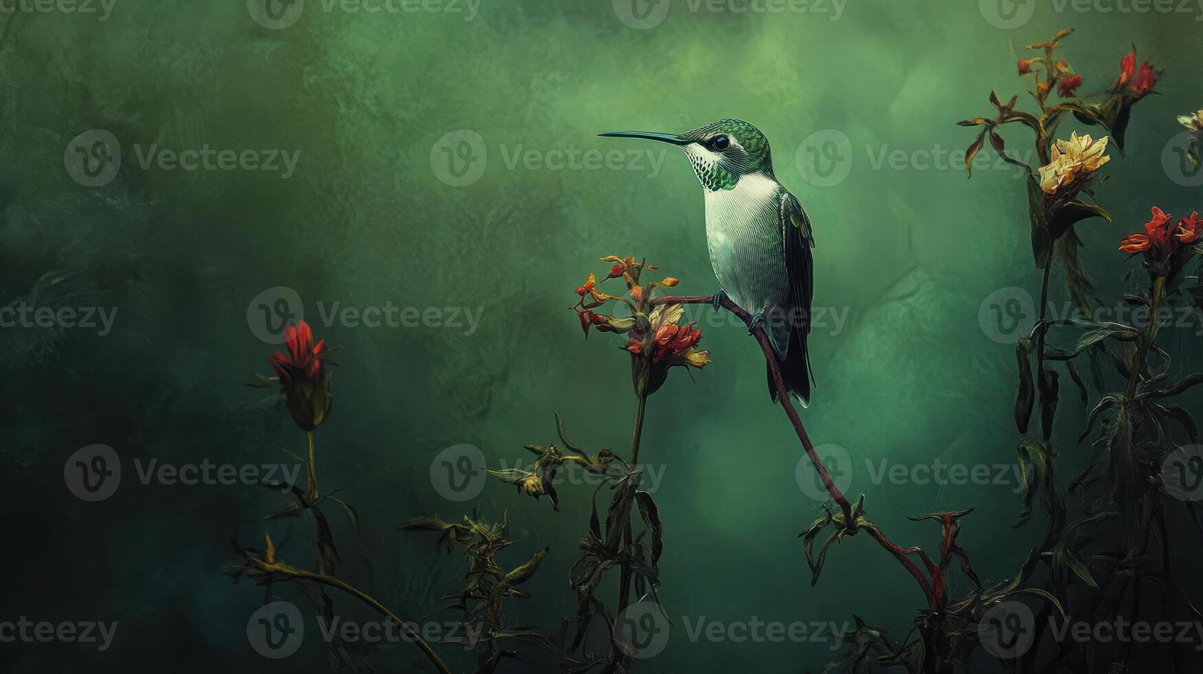 A hummingbird perched on a branch near colorful blossoms photo