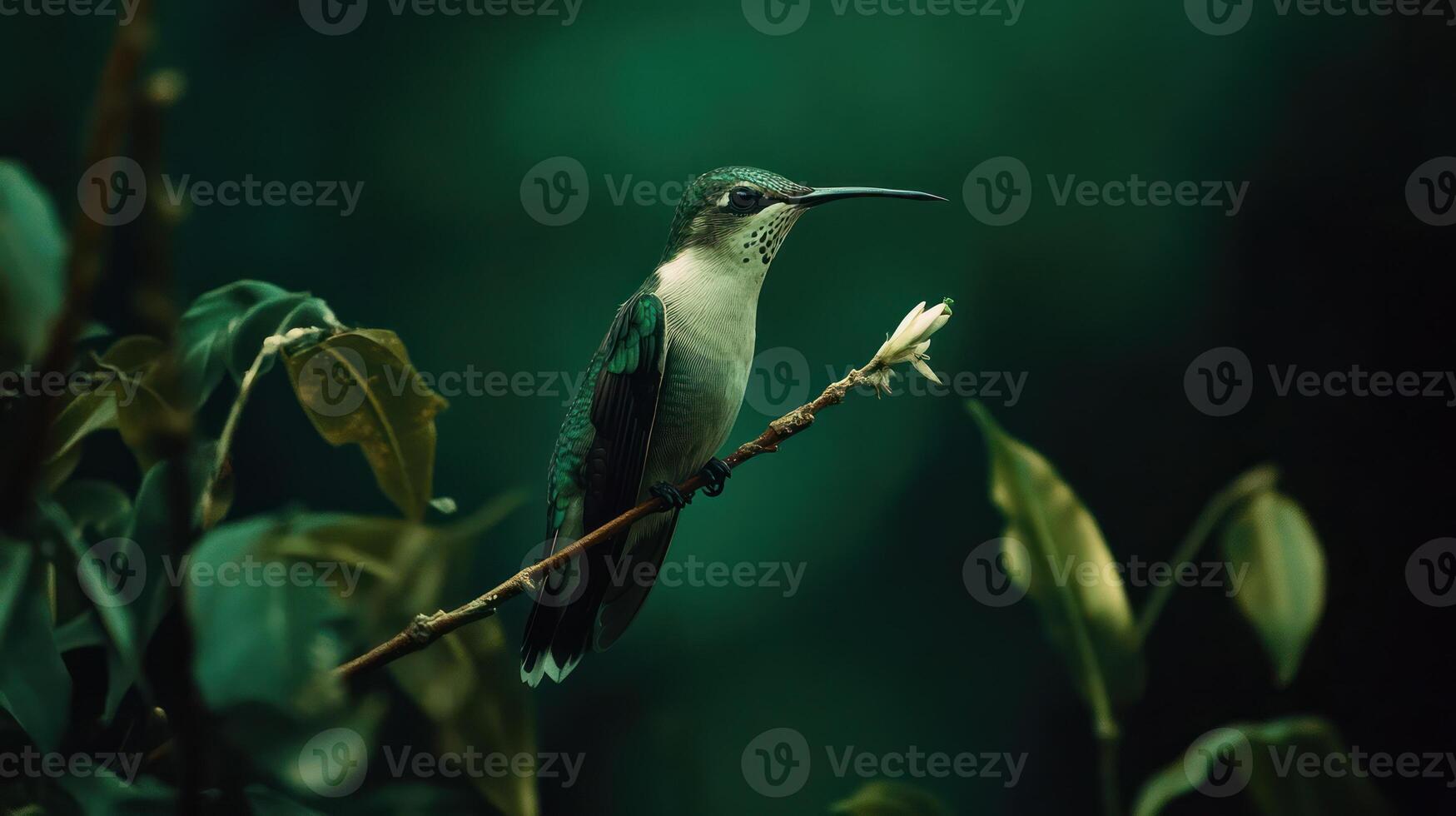 A hummingbird is perched delicately on a branch in nature photo