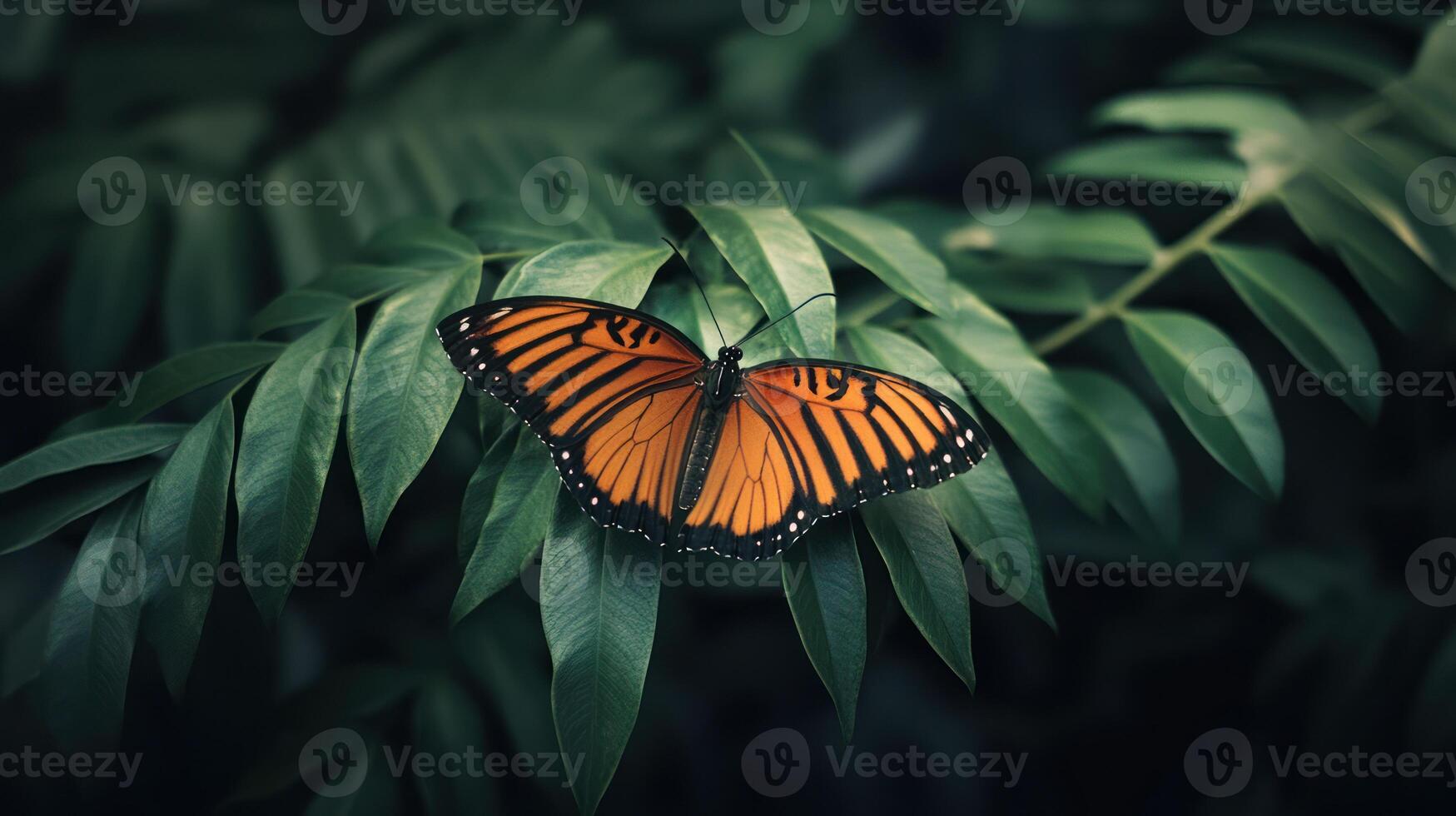 An orange and black butterfly rests gently on green foliage photo