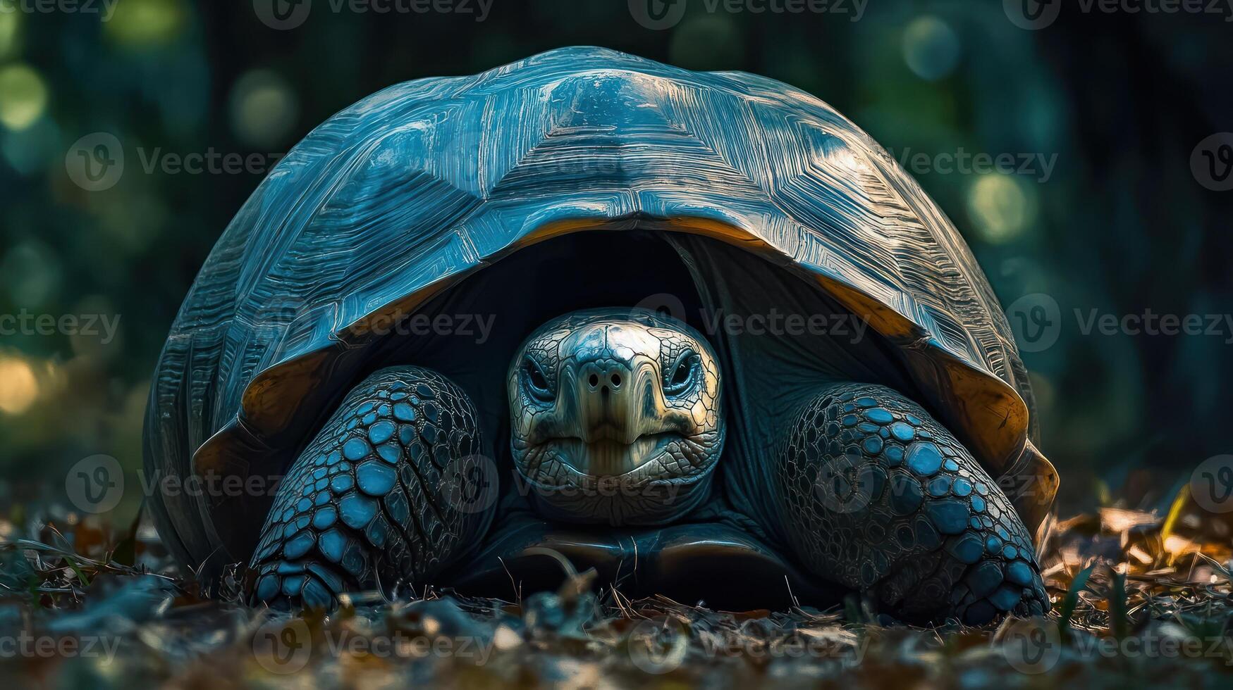 A large detailed tortoise poses towards the camera in nature photo