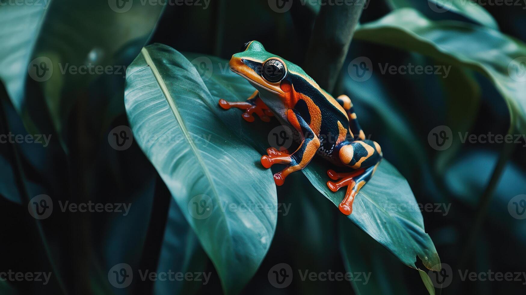 A colorful frog rests on a vibrant green leaf structure photo