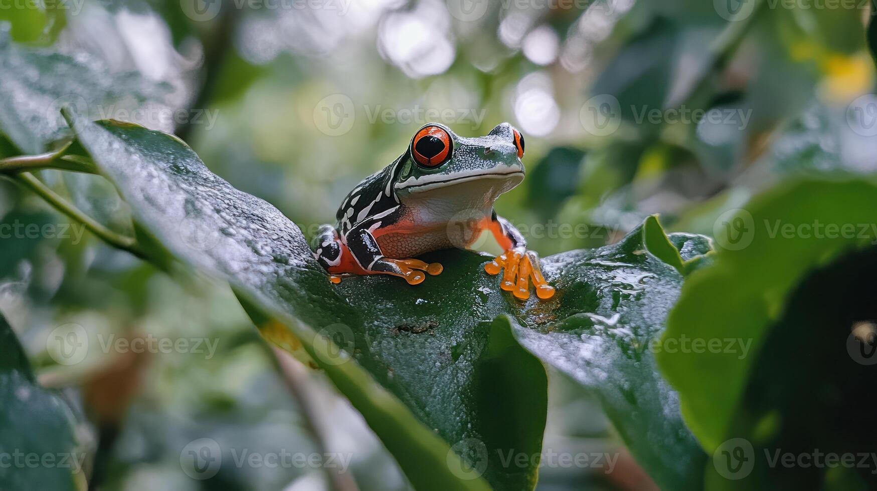 A colorful frog with bright red eyes rests on a large leaf photo