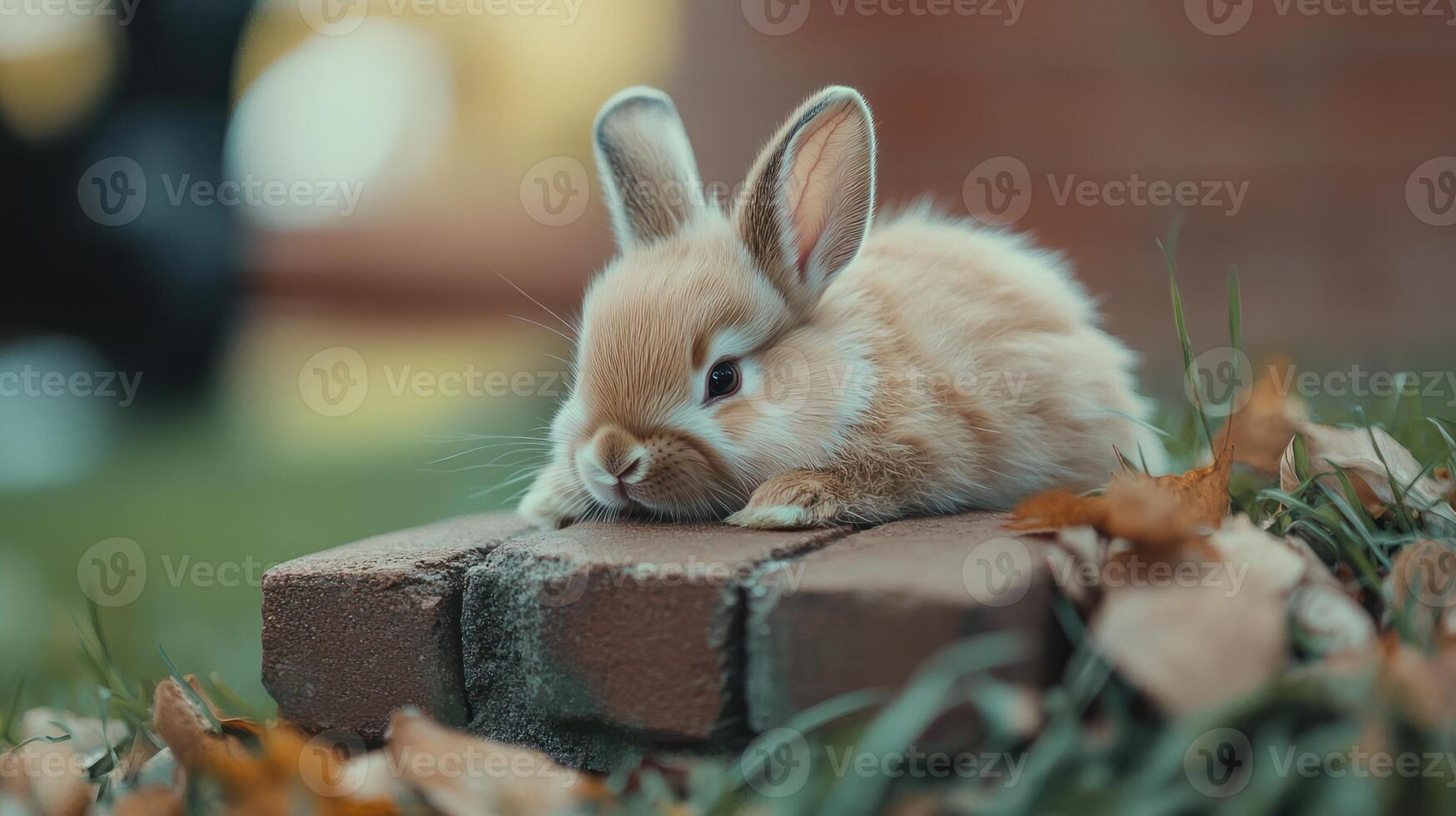 A Fluffy Bunny Rabbit Laying Down on a Stone Surface photo