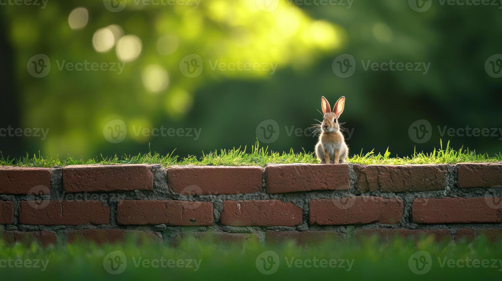 A small rabbit sits attentively on top of a brick wall photo